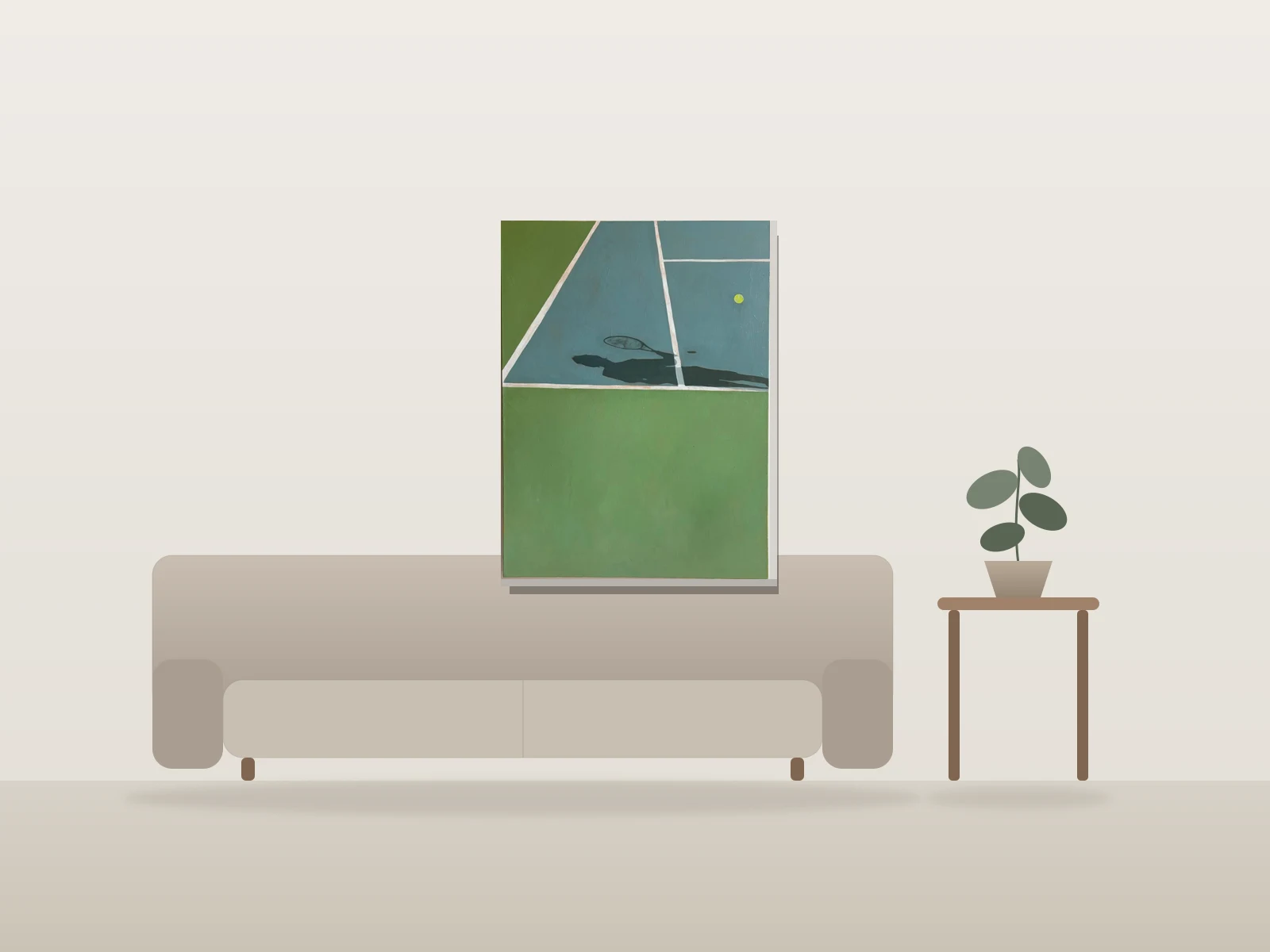 Tennis d’après-midi by Ariane Duplessis shown to scale in a room