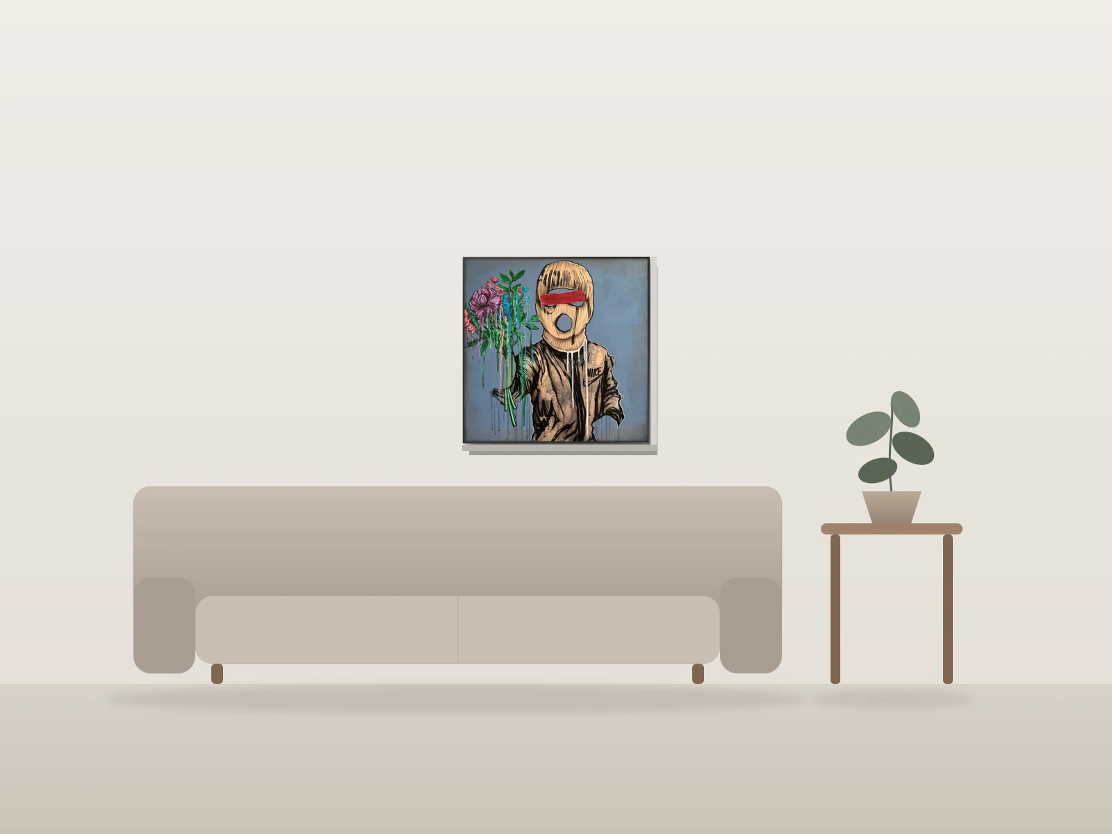 Concrete and Roses (de la collection “inside out”) par Dank présentée à l'échelle dans une pièce