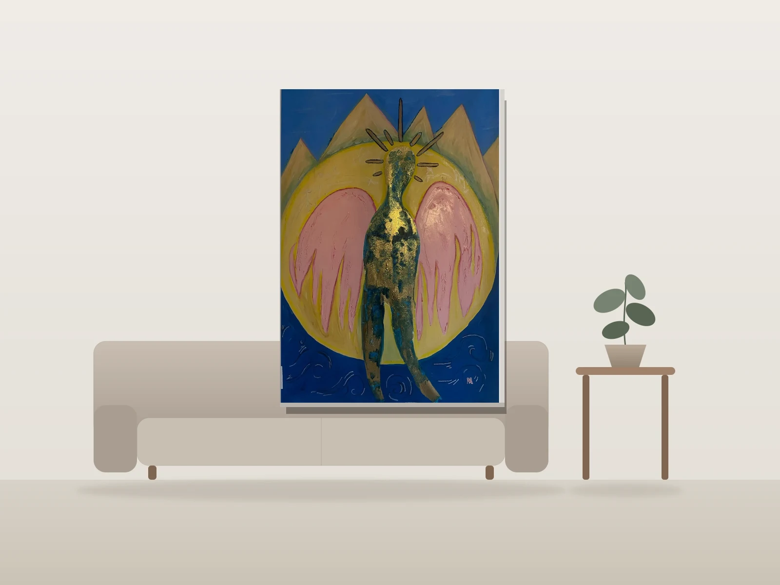 Chercher la lumière, pas la chute by Mia Ème shown to scale in a room