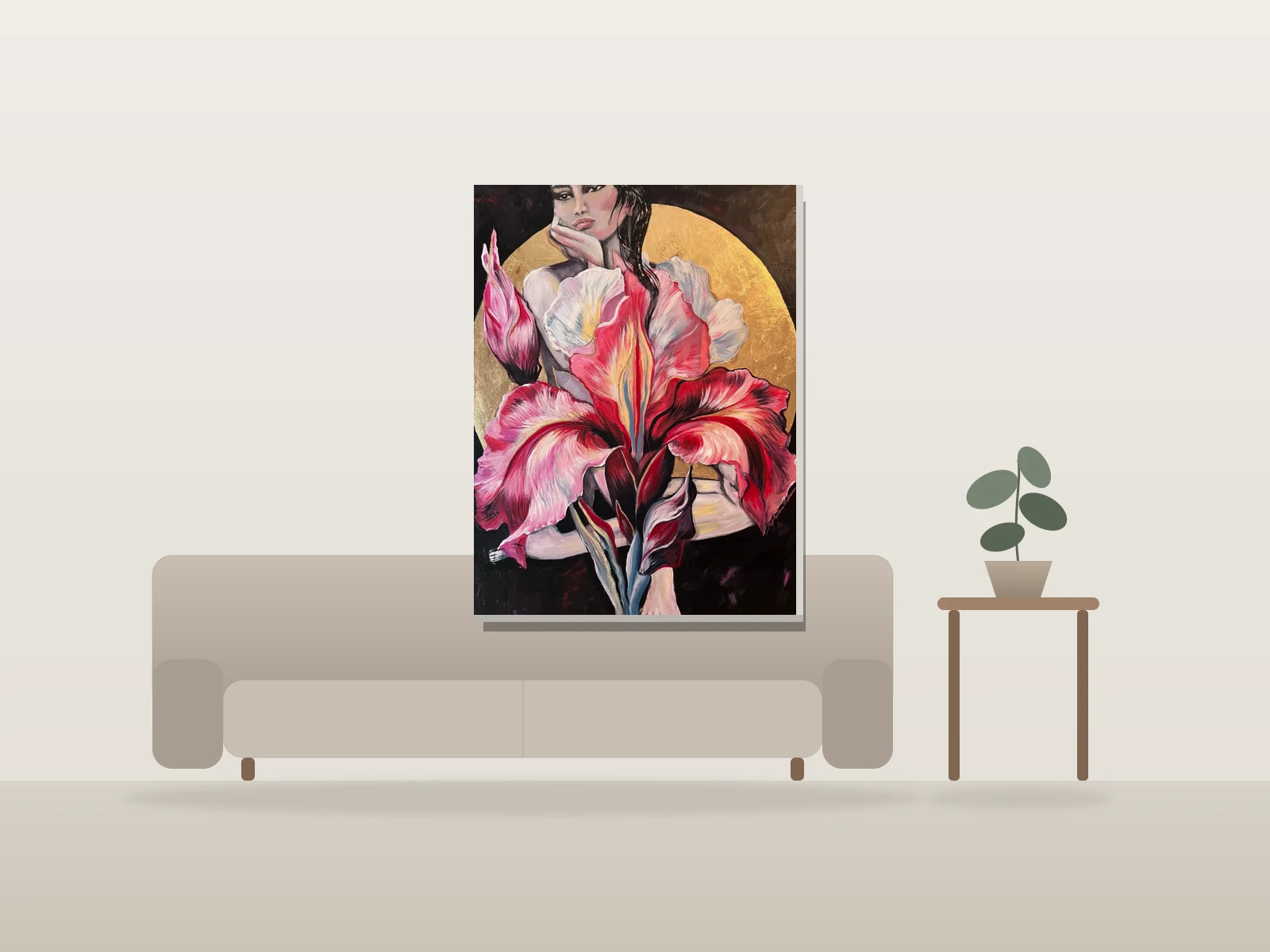 Beauté en fleurs by Sylvia Cohen Art shown to scale in a room