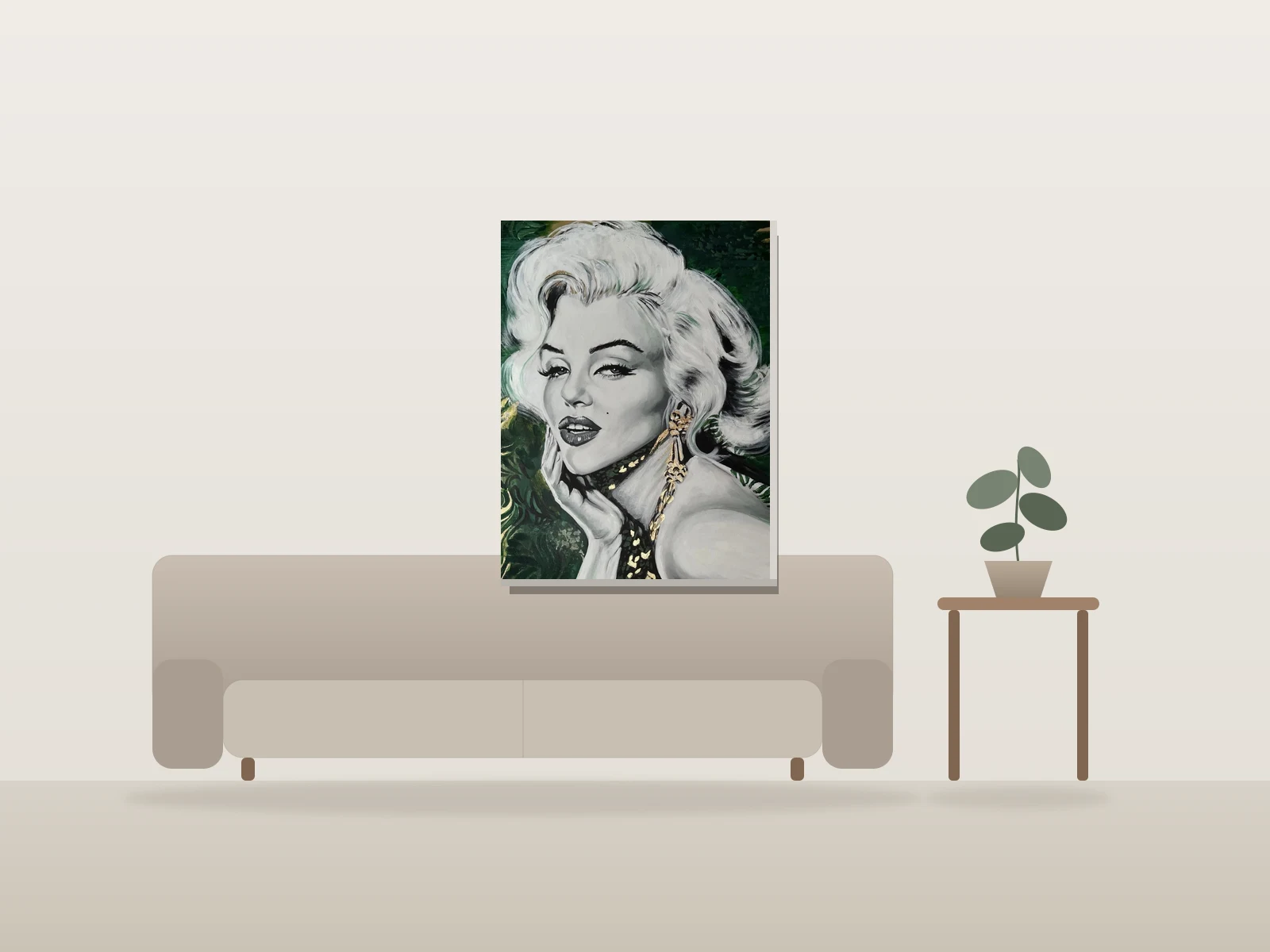 Marilyn by Sylvia Cohen Art shown to scale in a room