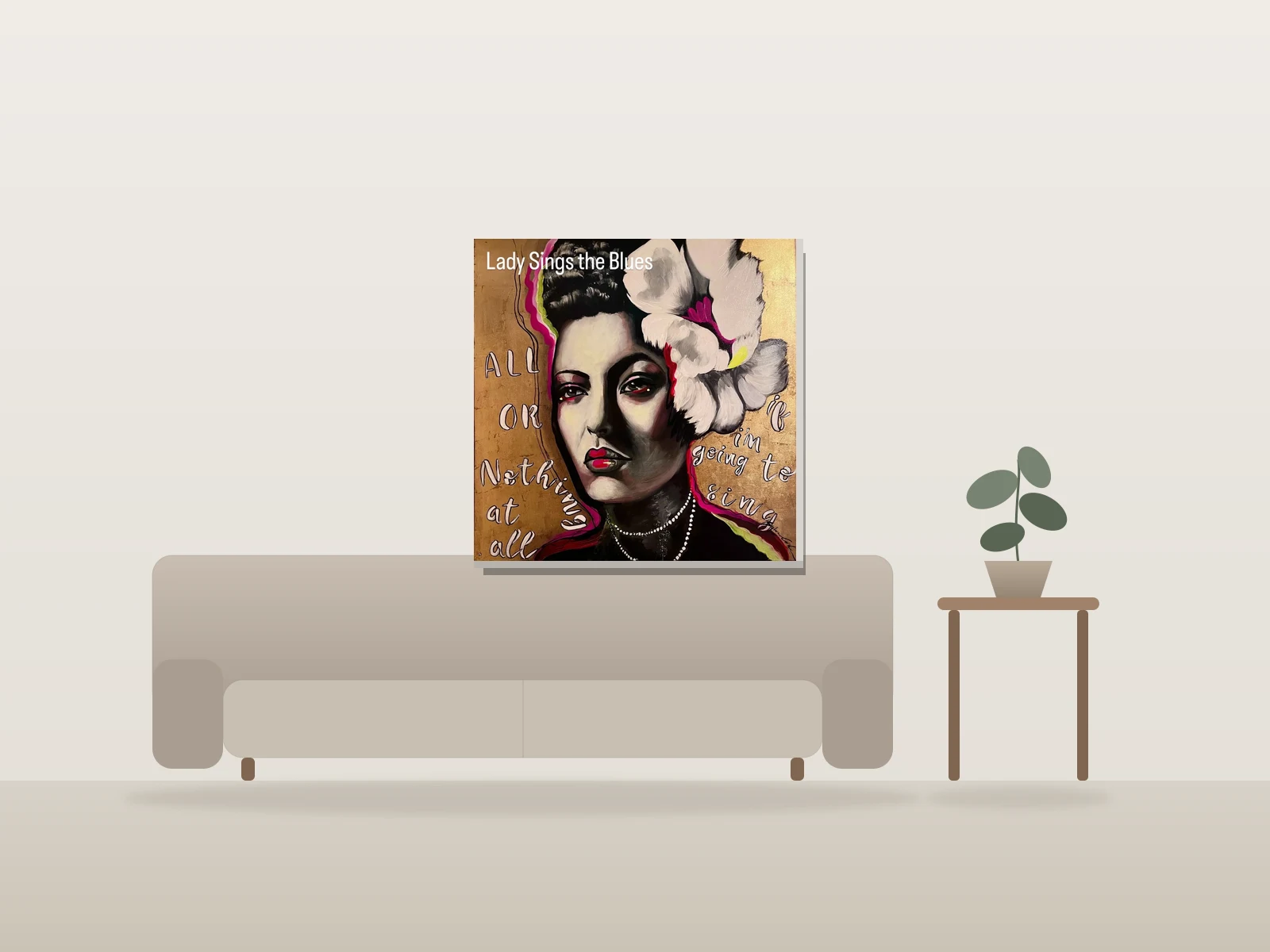 La dame chante le blues by Sylvia Cohen Art shown to scale in a room