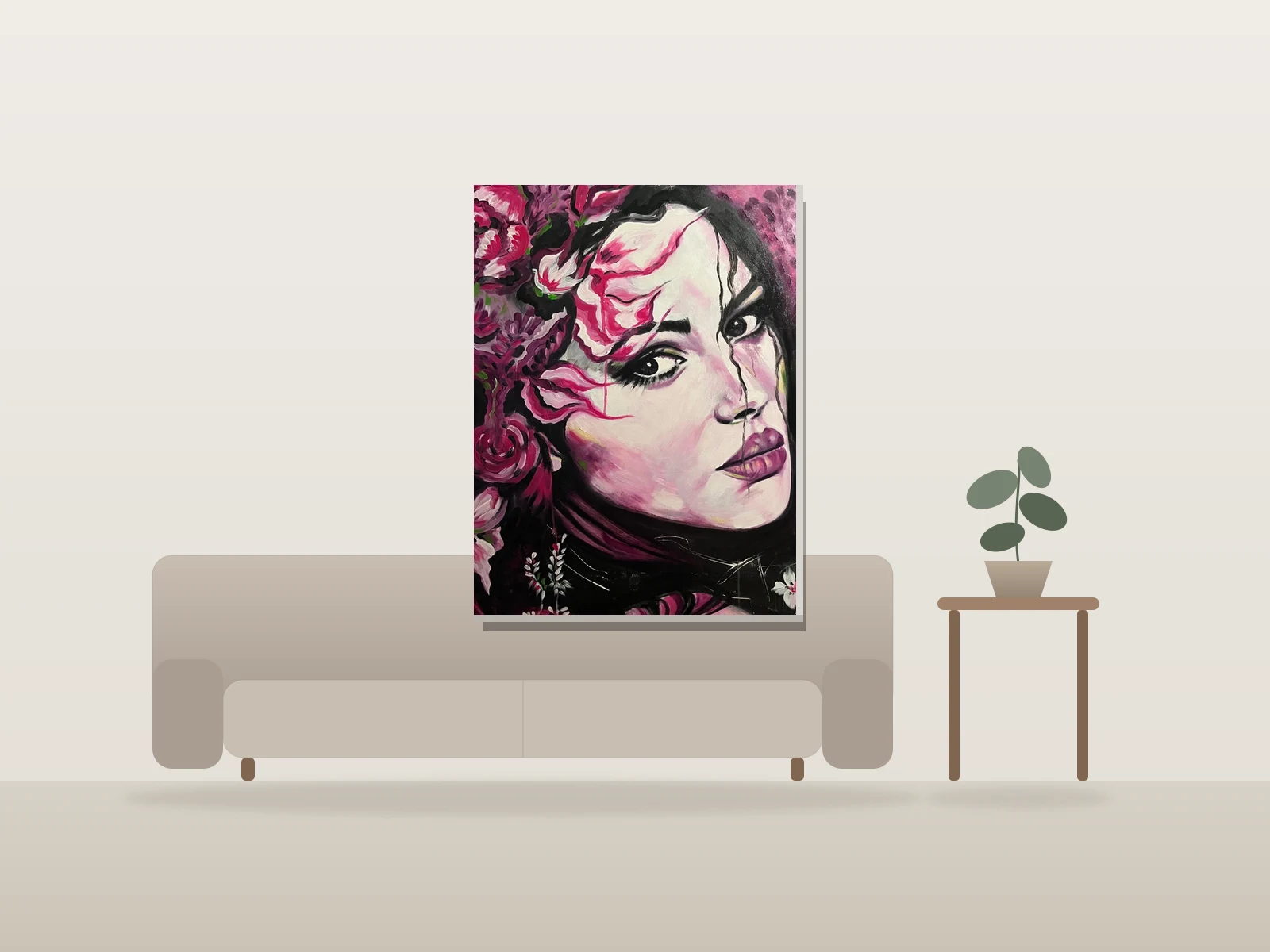 Fucshia Bloom by Sylvia Cohen Art shown to scale in a room