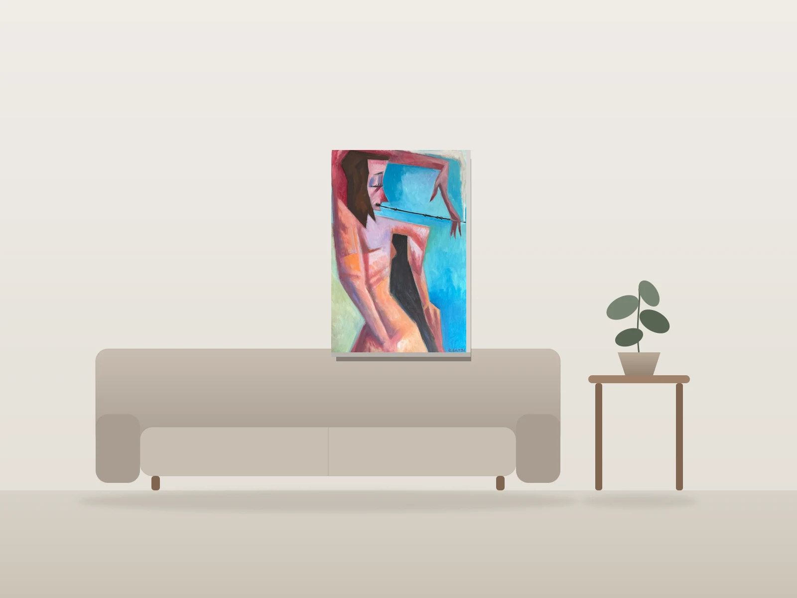 femme fatale by Charlie Ramos shown to scale in a room
