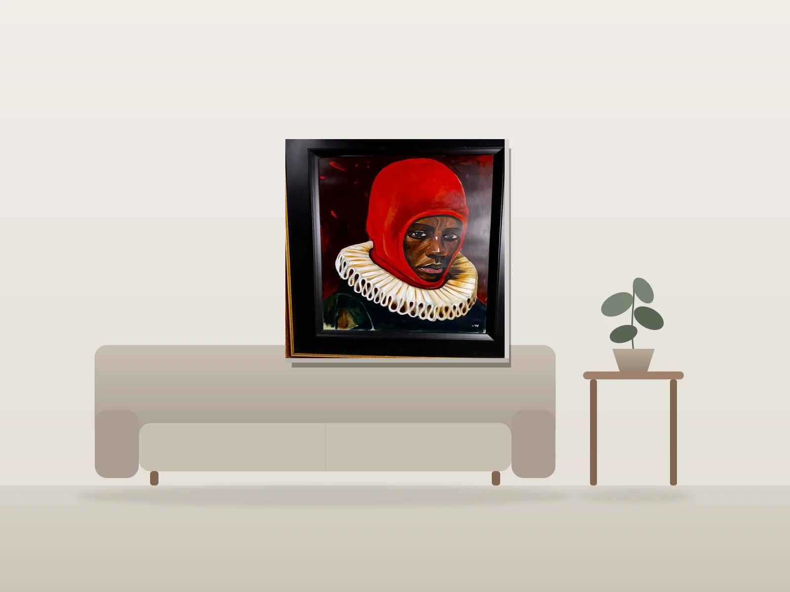 art by Wolf shown to scale in a room