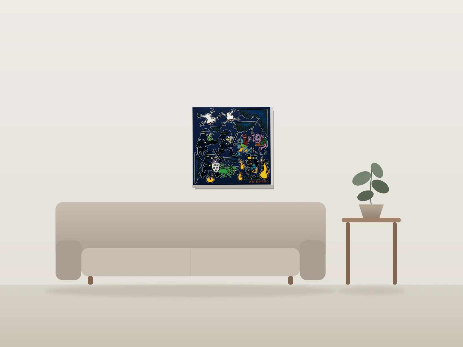 Sans titre by El diablo shown to scale in a room