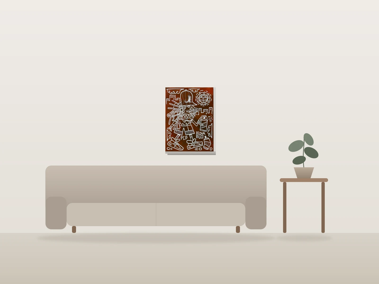 Sans titre by El diablo shown to scale in a room