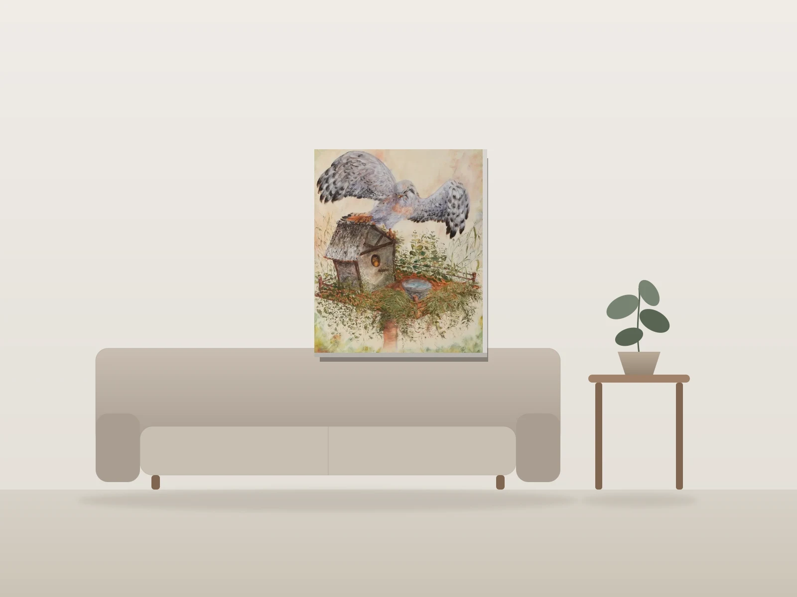 Crécerelle et paruline by Nadim shown to scale in a room