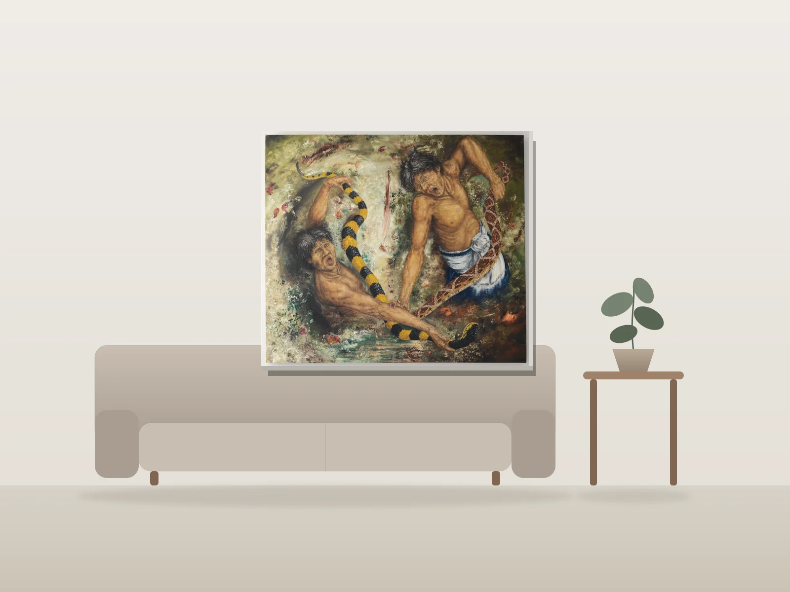 Combat de serpents by Nadim shown to scale in a room