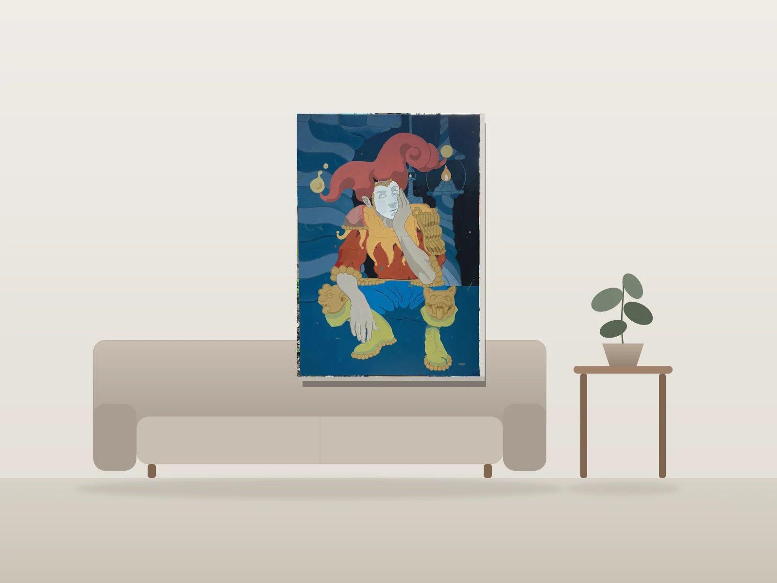 Génie du pays des lampes by GWAN shown to scale in a room