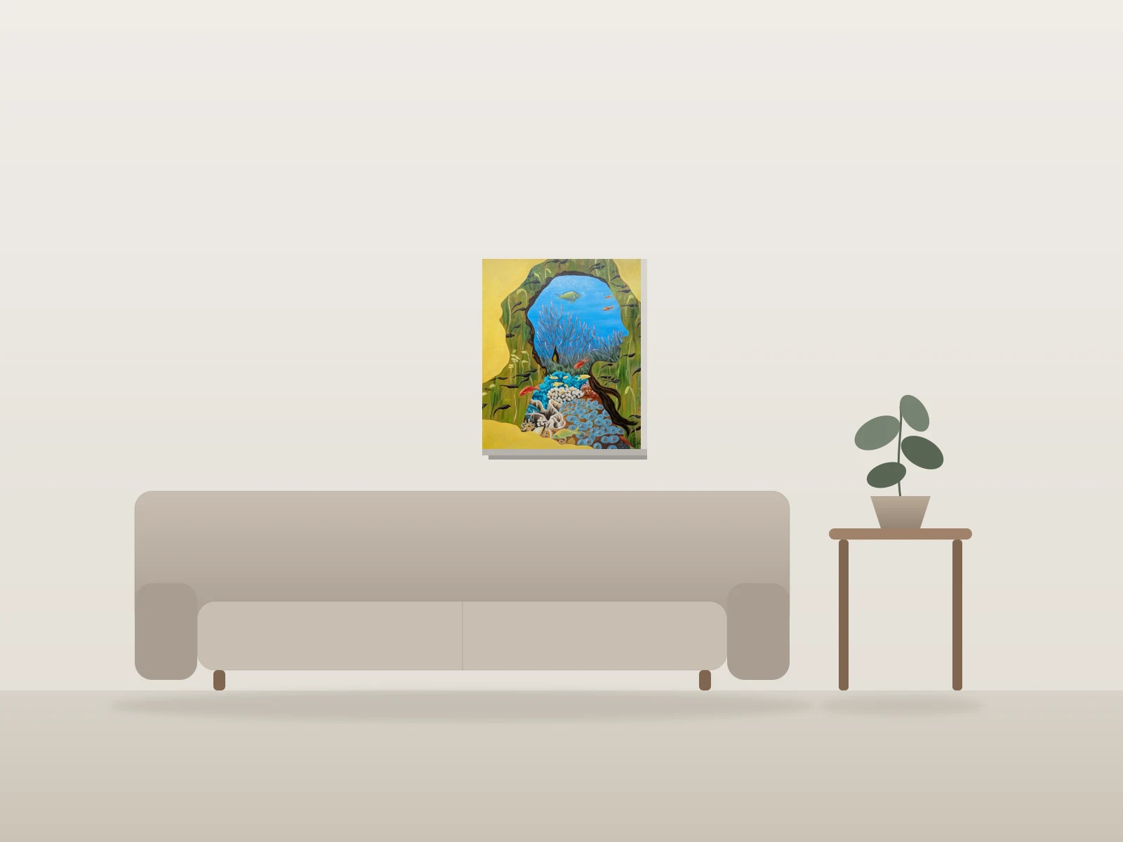 Fusion aquatique by Isa C artiste shown to scale in a room