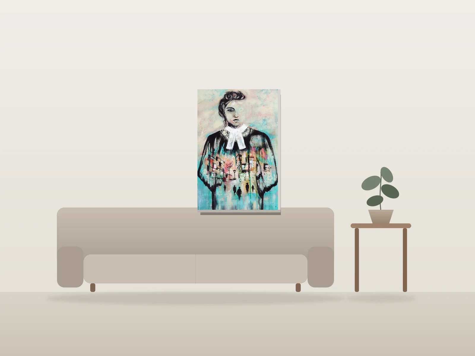 Elle porte leur voix by Angela Bisson shown to scale in a room