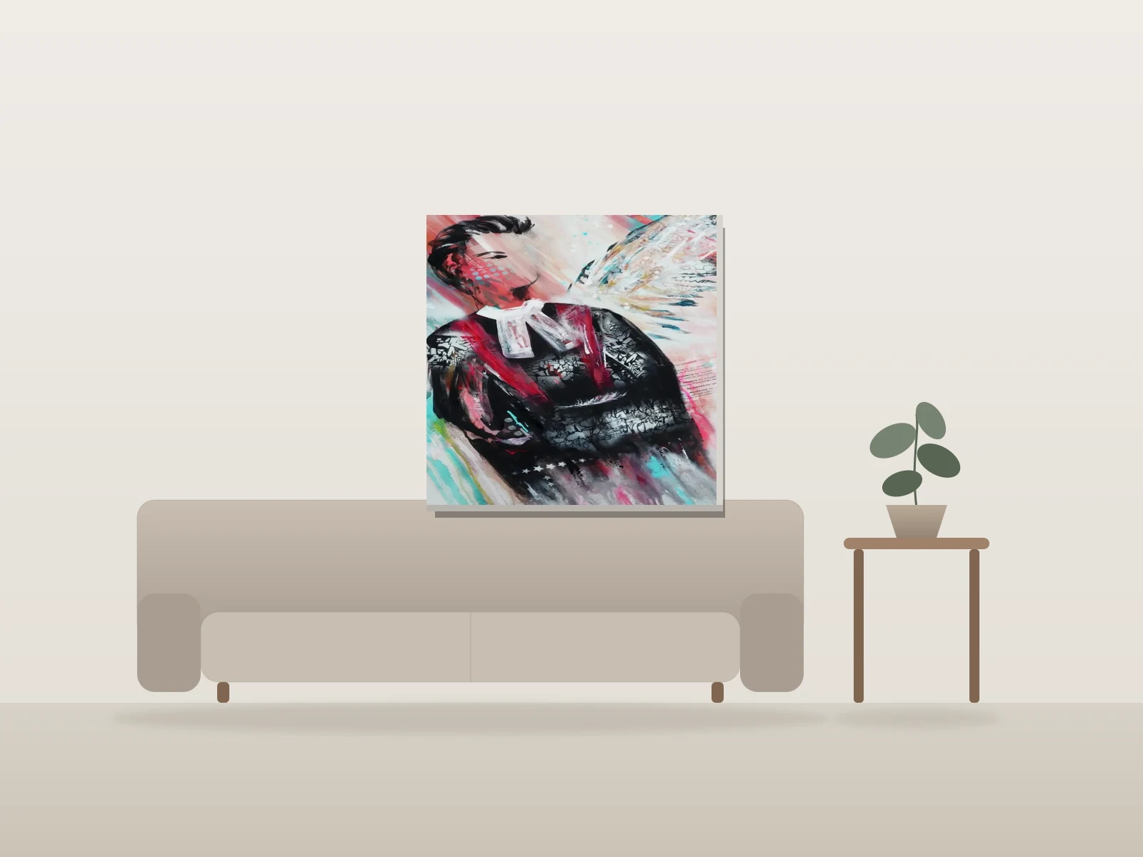 Les Ailes de la justice IV by Angela Bisson shown to scale in a room