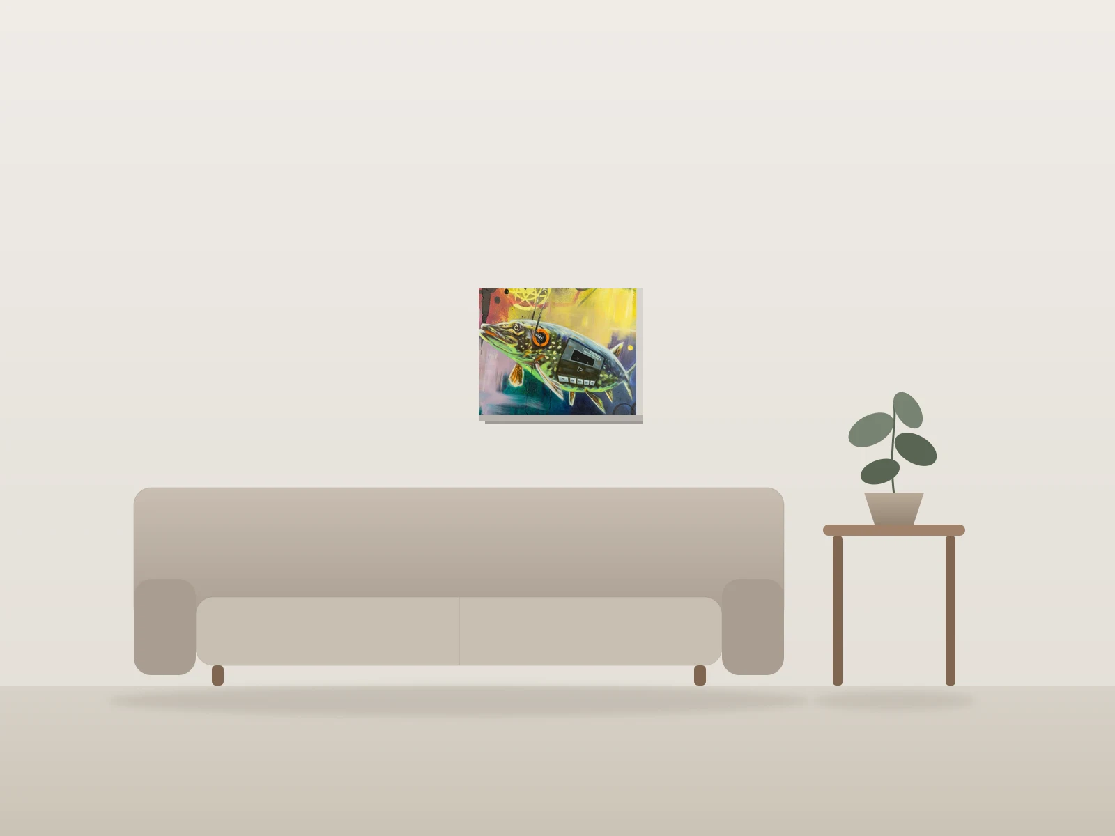 FISHSTEREO #3 by Caroline Chrétien Art shown to scale in a room