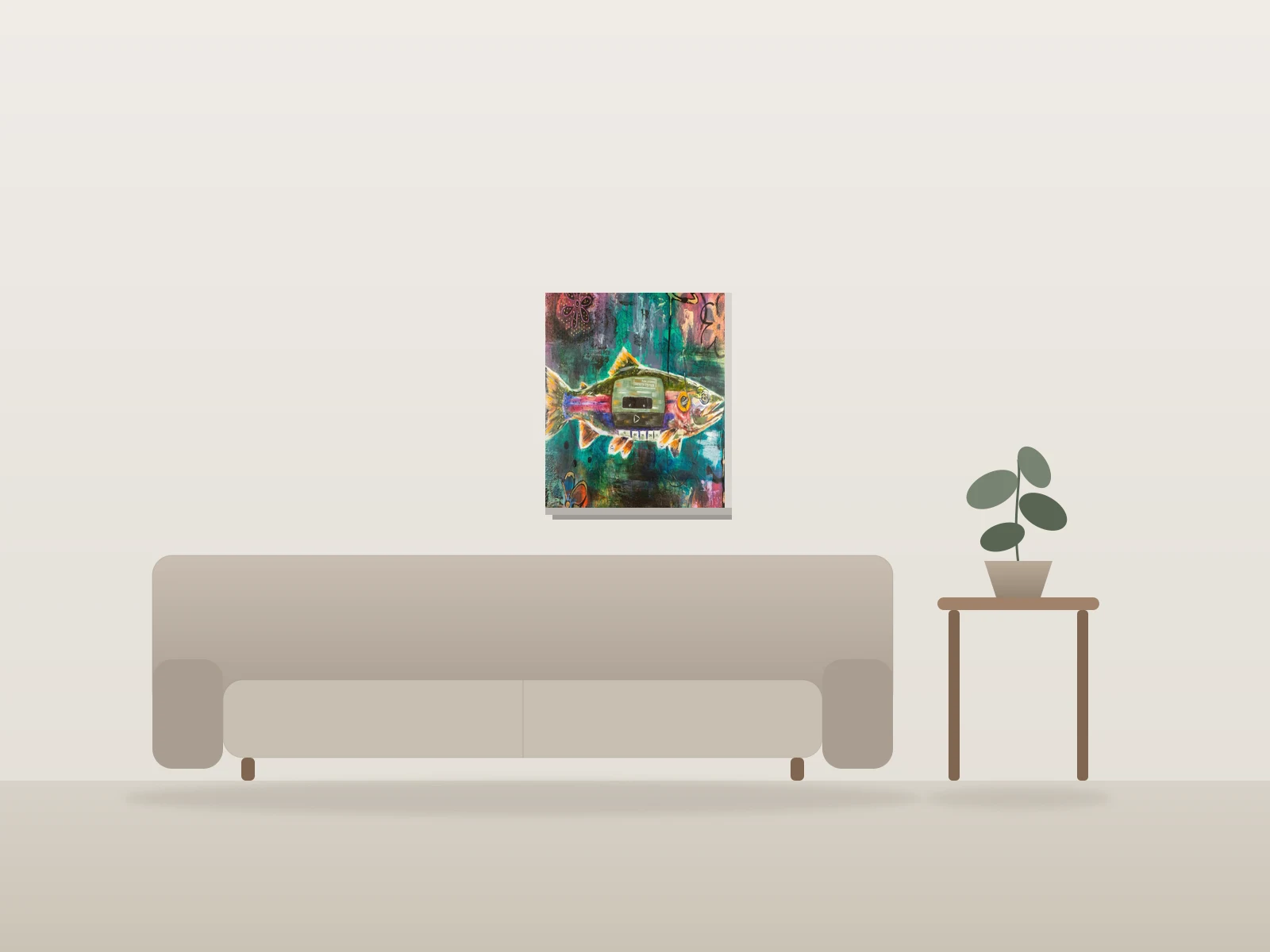 FISHSTEREO #1 by Caroline Chrétien Art shown to scale in a room