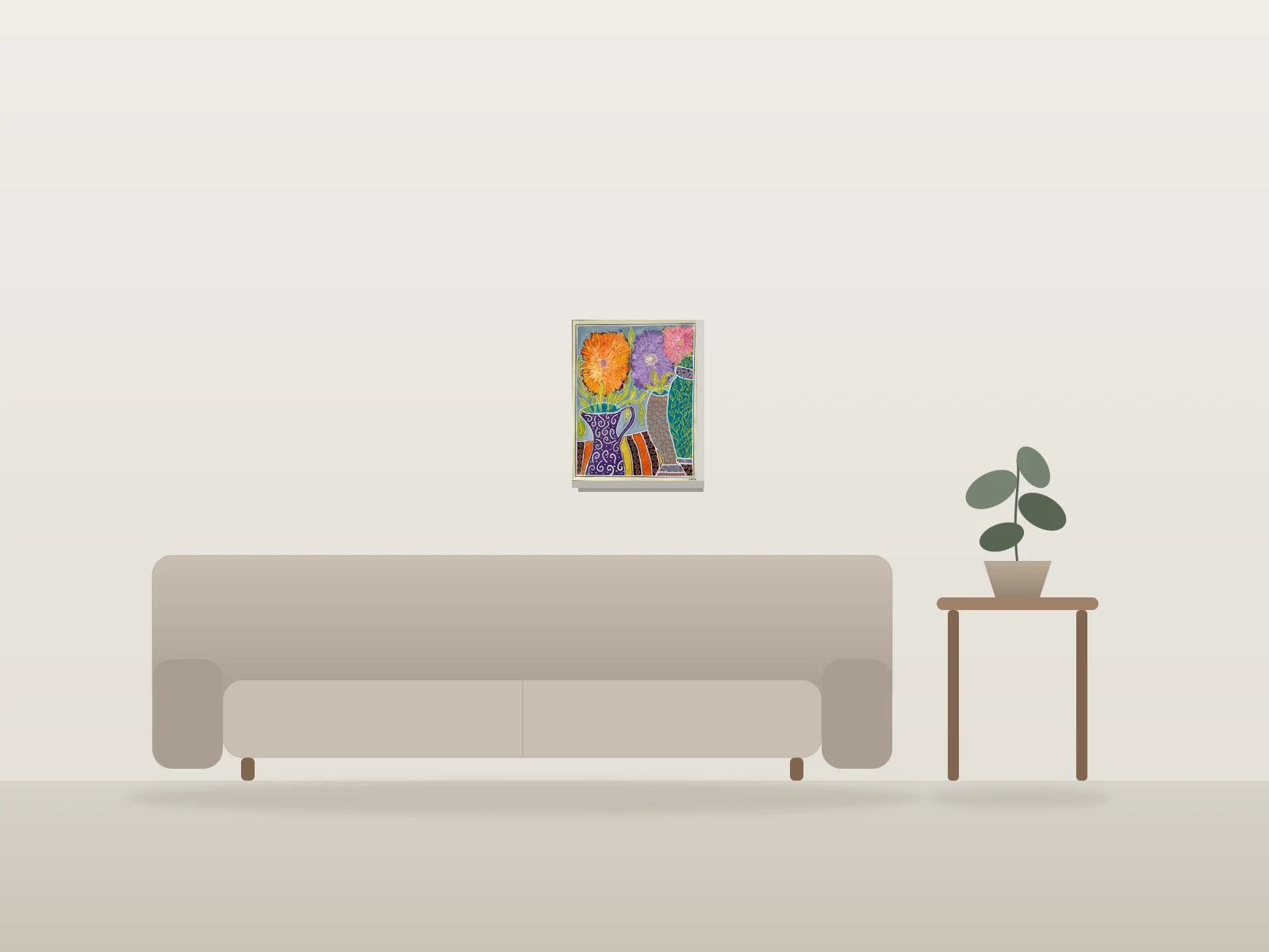 Les Dahlias by Cath François shown to scale in a room