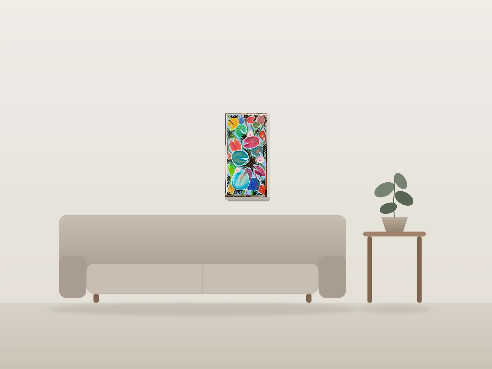 Les trois lotus, 2e tableau by Cath François shown to scale in a room