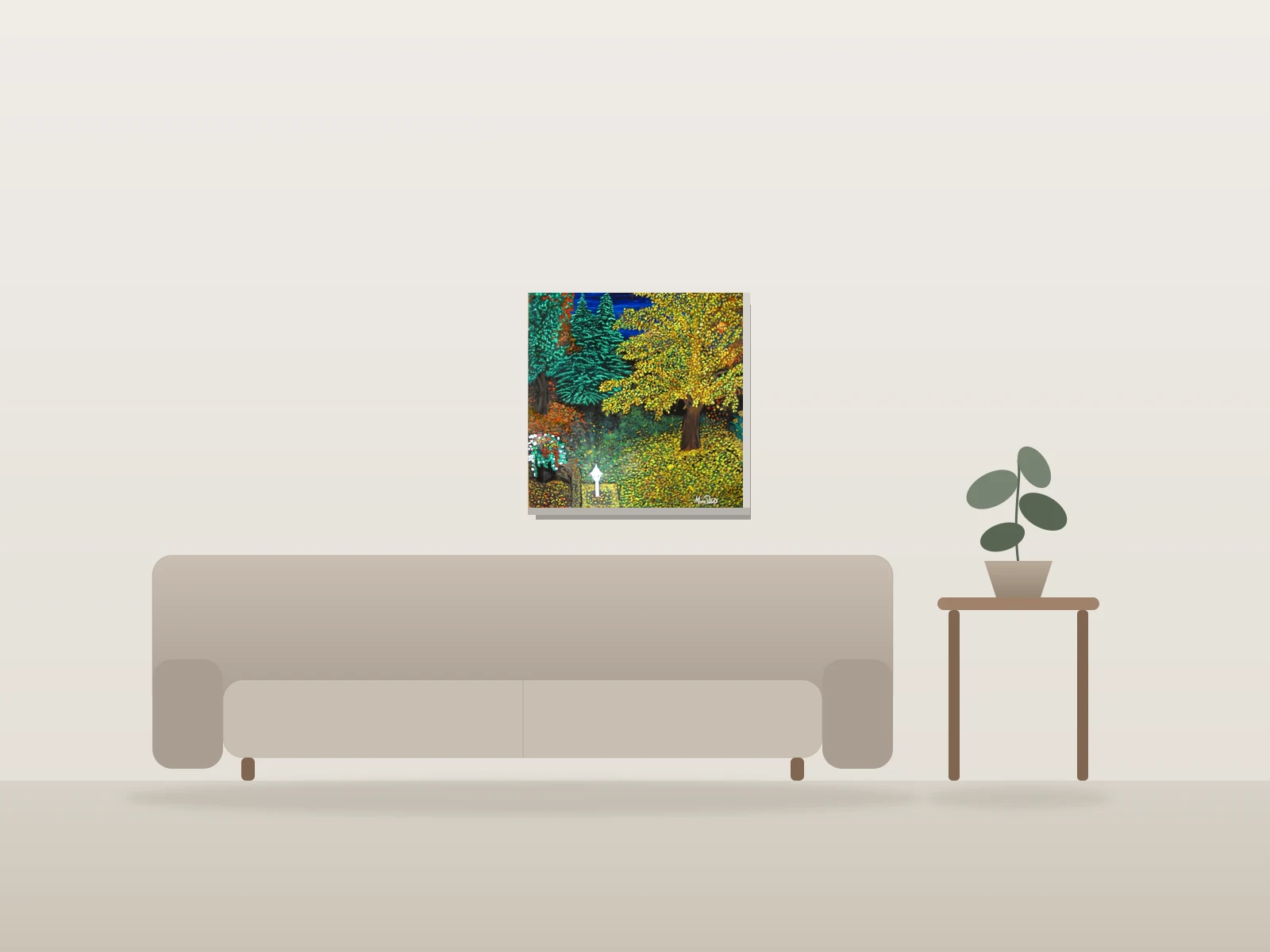 Automne sur l'île by Manon Pouliot artiste peintre shown to scale in a room
