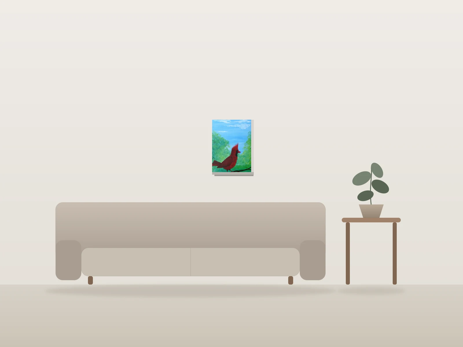 Cardinal by Manon Pouliot artiste peintre shown to scale in a room