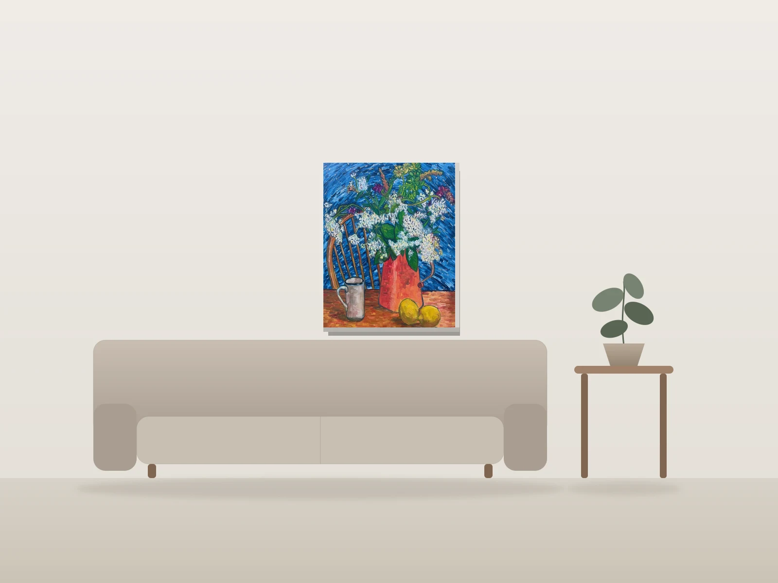 Fleurs, tasse et citrons par Antoine Viau-Petit présentée à l'échelle dans une pièce