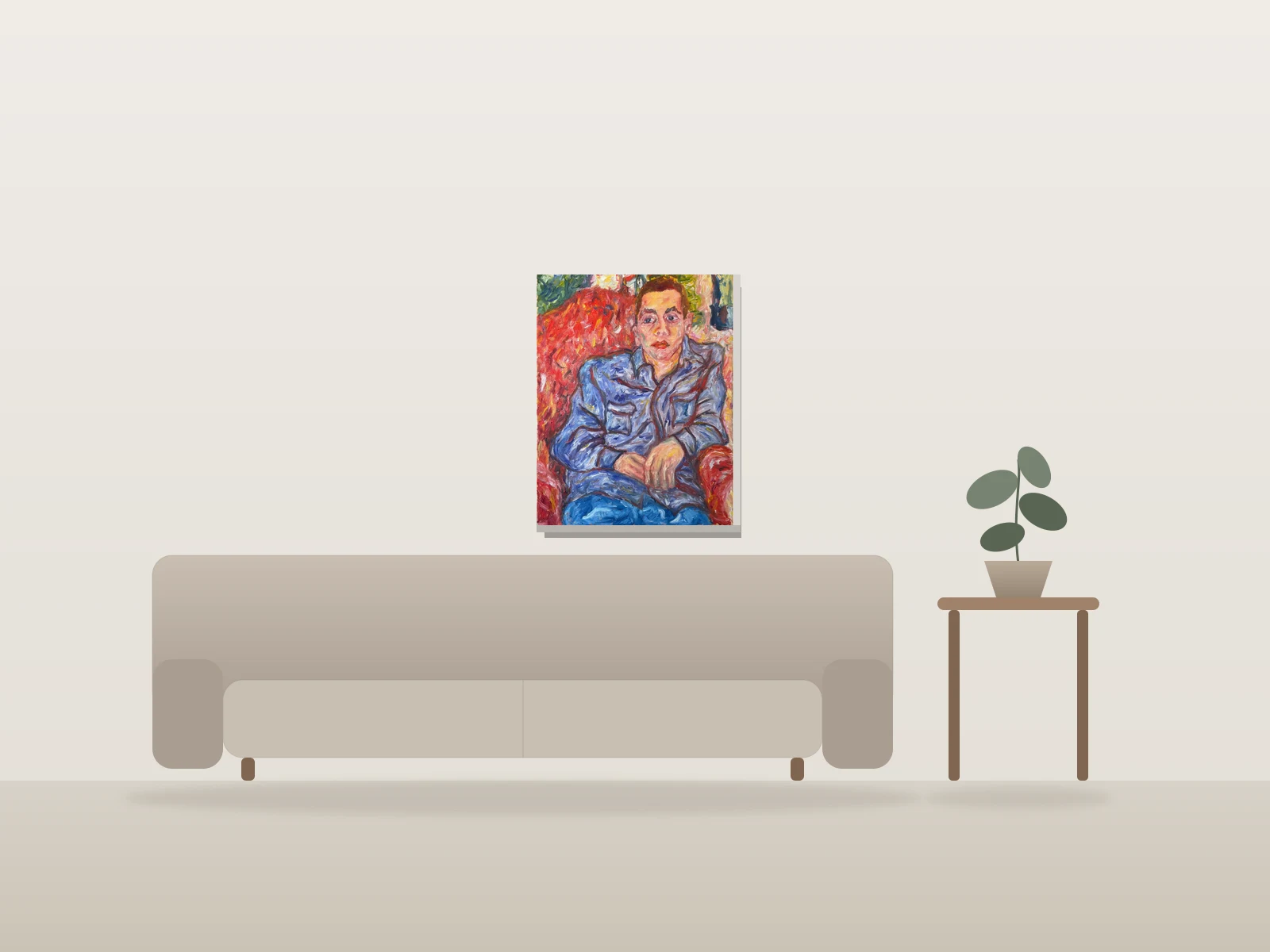 Autoportrait sur fauteuil rose par Antoine Viau-Petit présentée à l'échelle dans une pièce