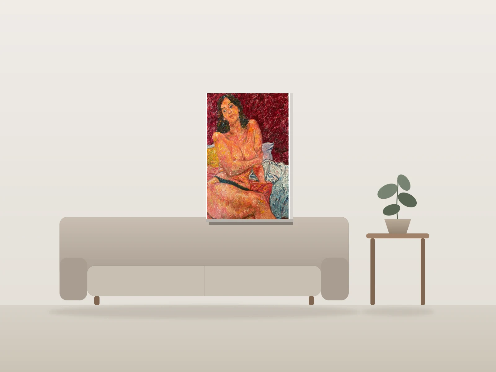 Portrait, nue sur lit par Antoine Viau-Petit présentée à l'échelle dans une pièce