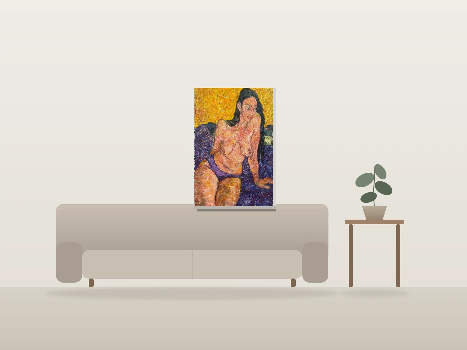 Portrait, nue avec petite culotte mauve par Antoine Viau-Petit présentée à l'échelle dans une pièce