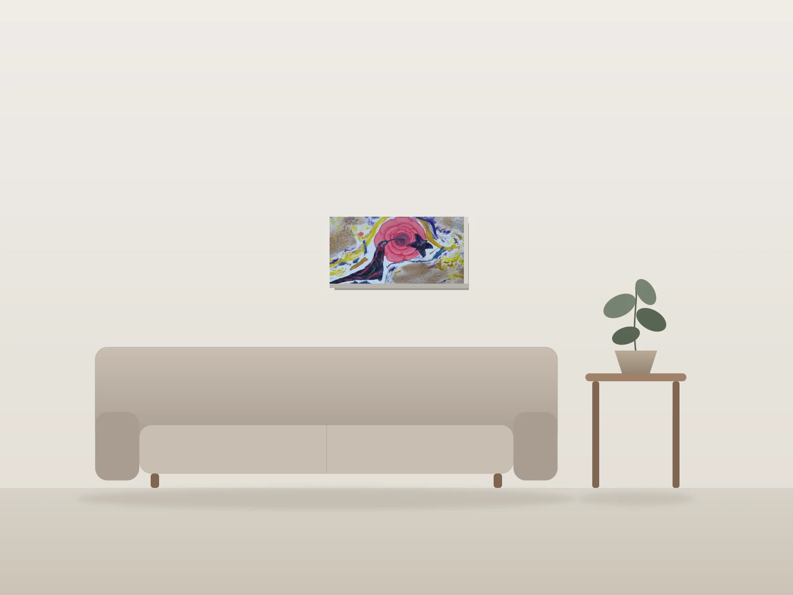 Bouton rose by Manon Pouliot artiste peintre shown to scale in a room