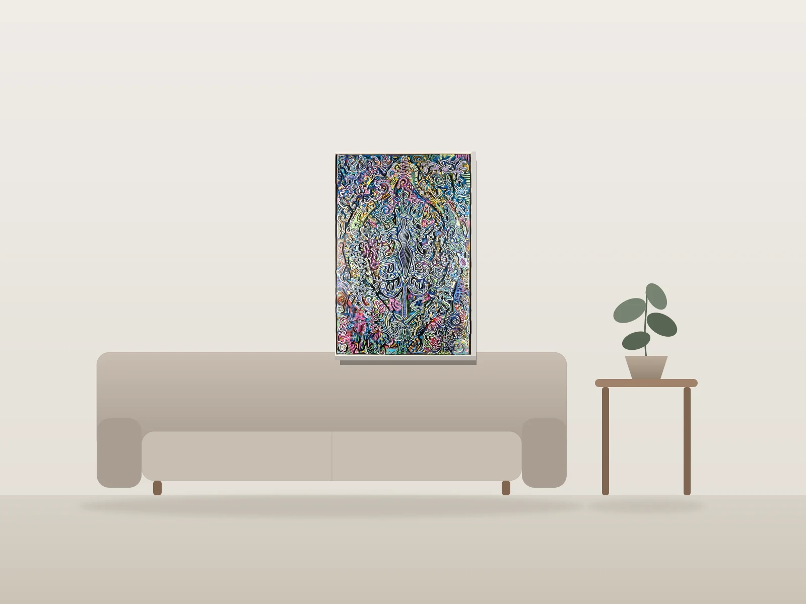 Le gardien de la porte accueille tout le monde, by LooseCanine shown to scale in a room