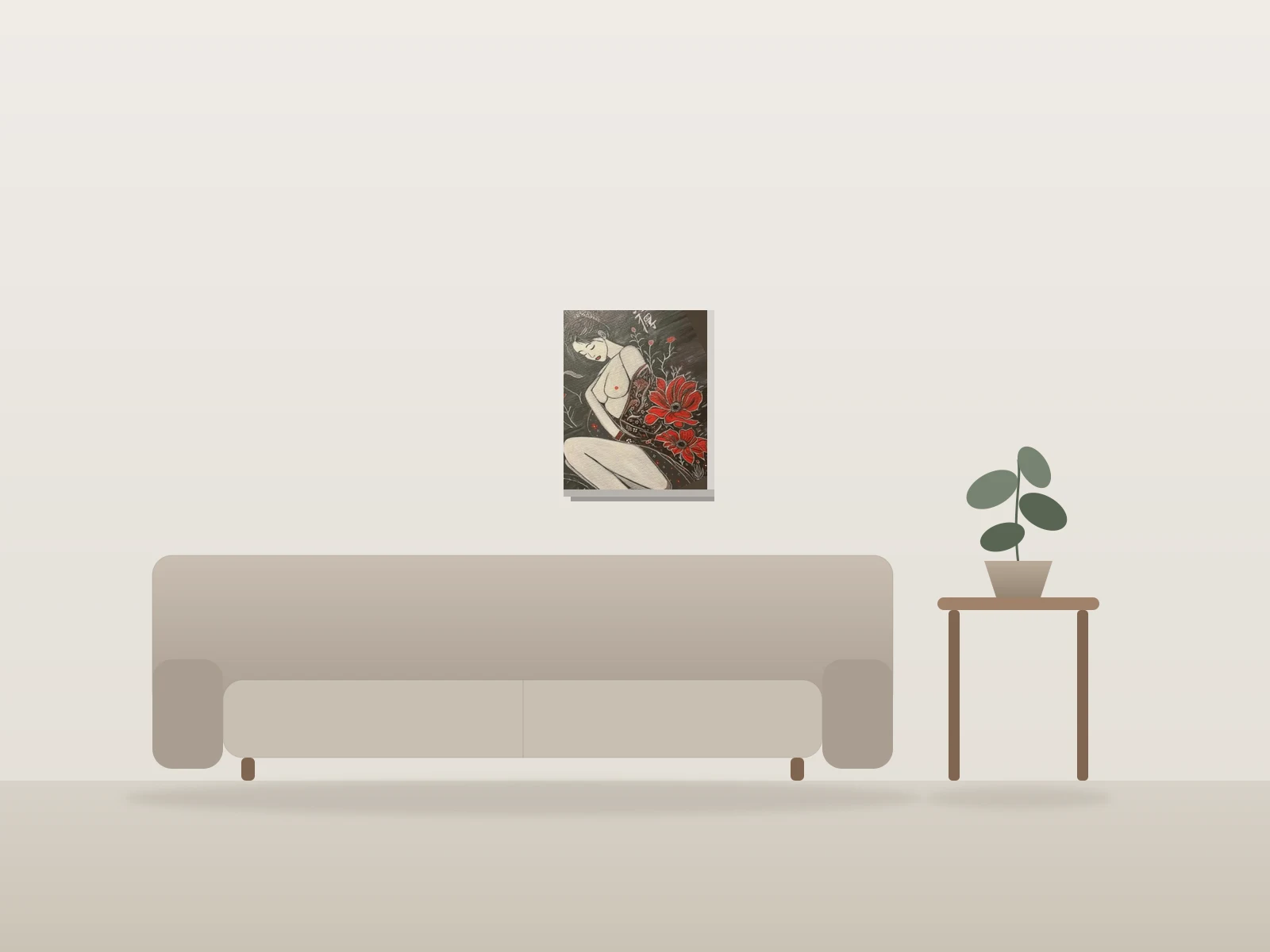 La Geisha nue by Arnold Eigger shown to scale in a room