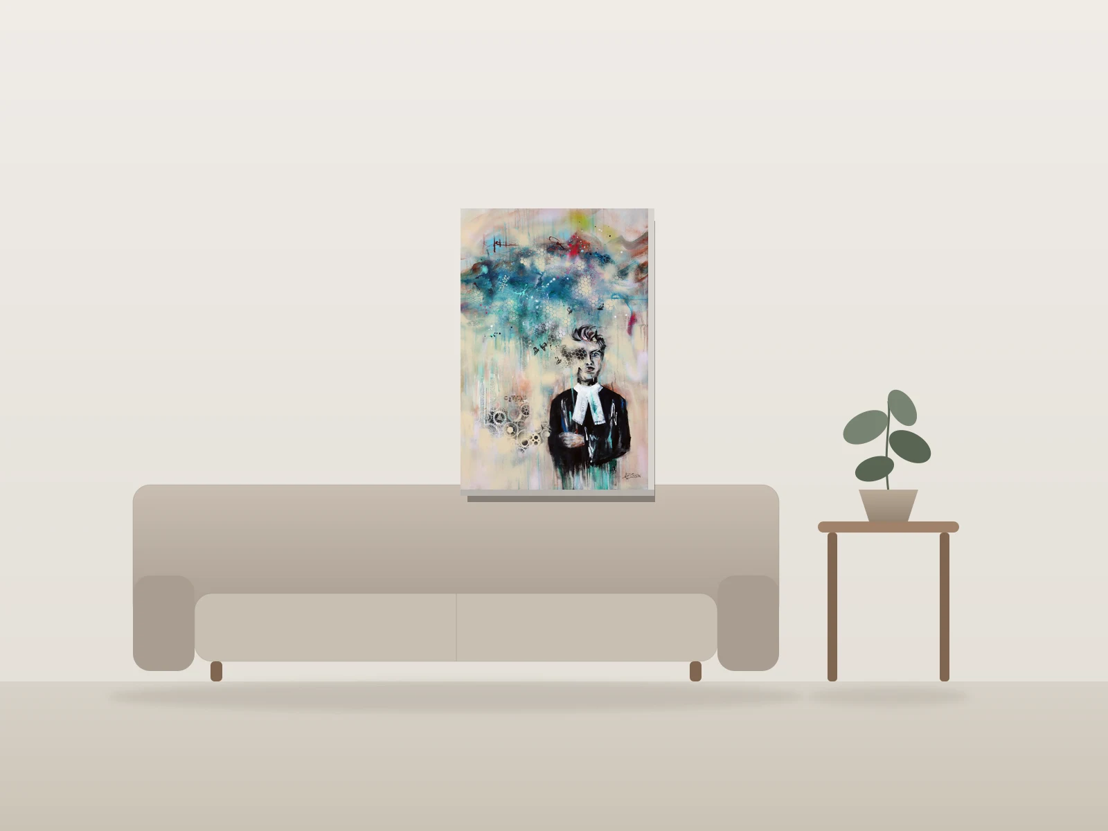 Ailes de la justice IV by Angela Bisson shown to scale in a room