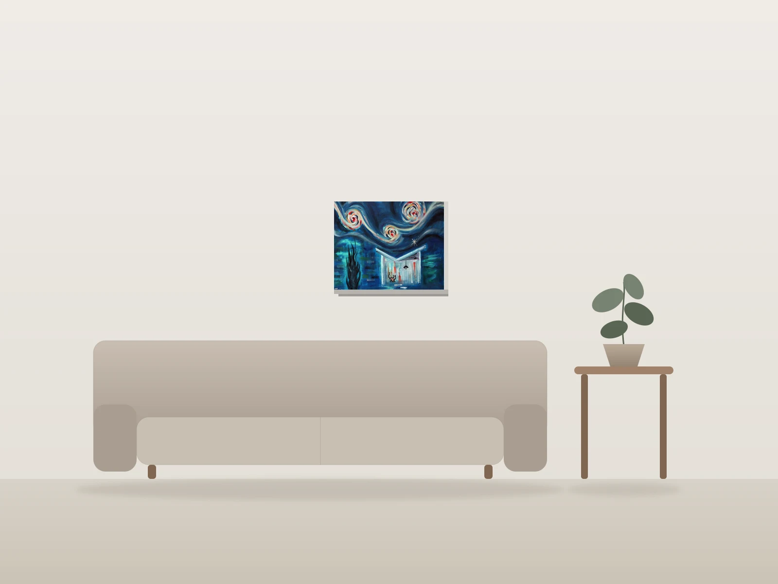 Starry Night Uptown (VENDU) by Angela Bisson shown to scale in a room