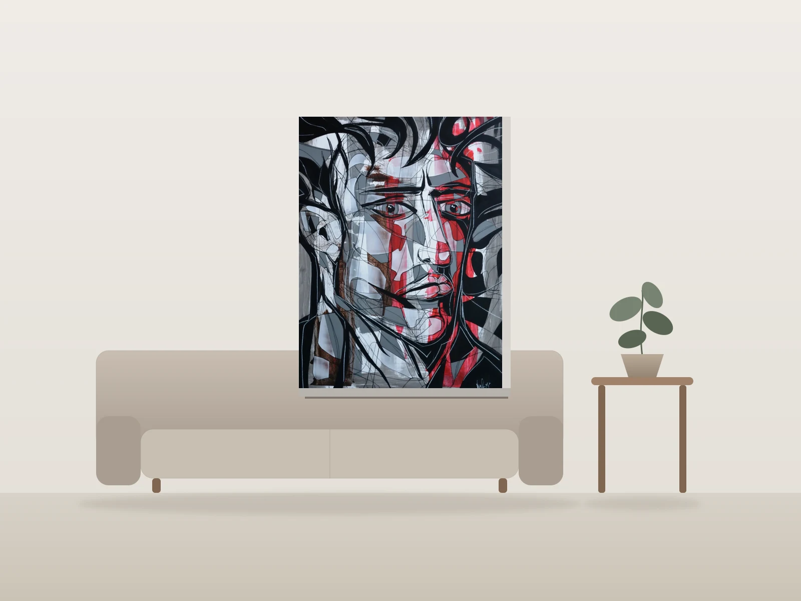 Ton visage dans la pénombre by Nic Rage shown to scale in a room