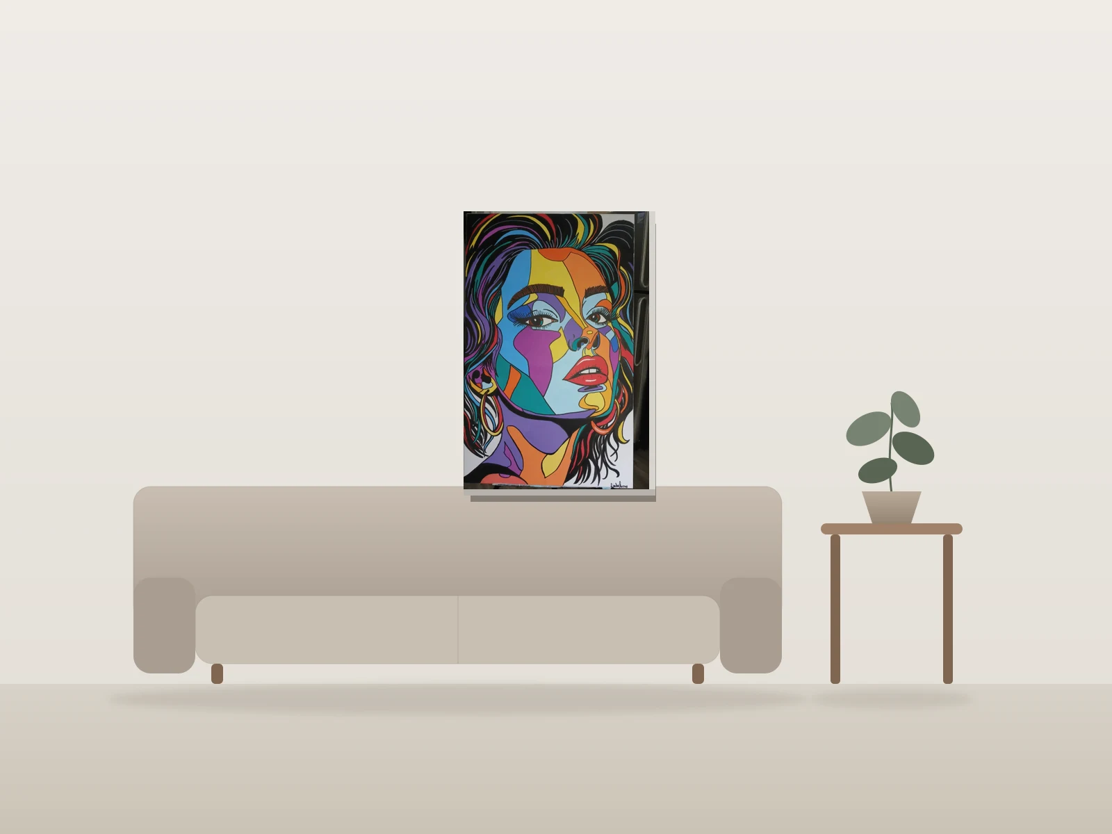 La femme aux 3 troues par Rioux artiste présentée à l'échelle dans une pièce