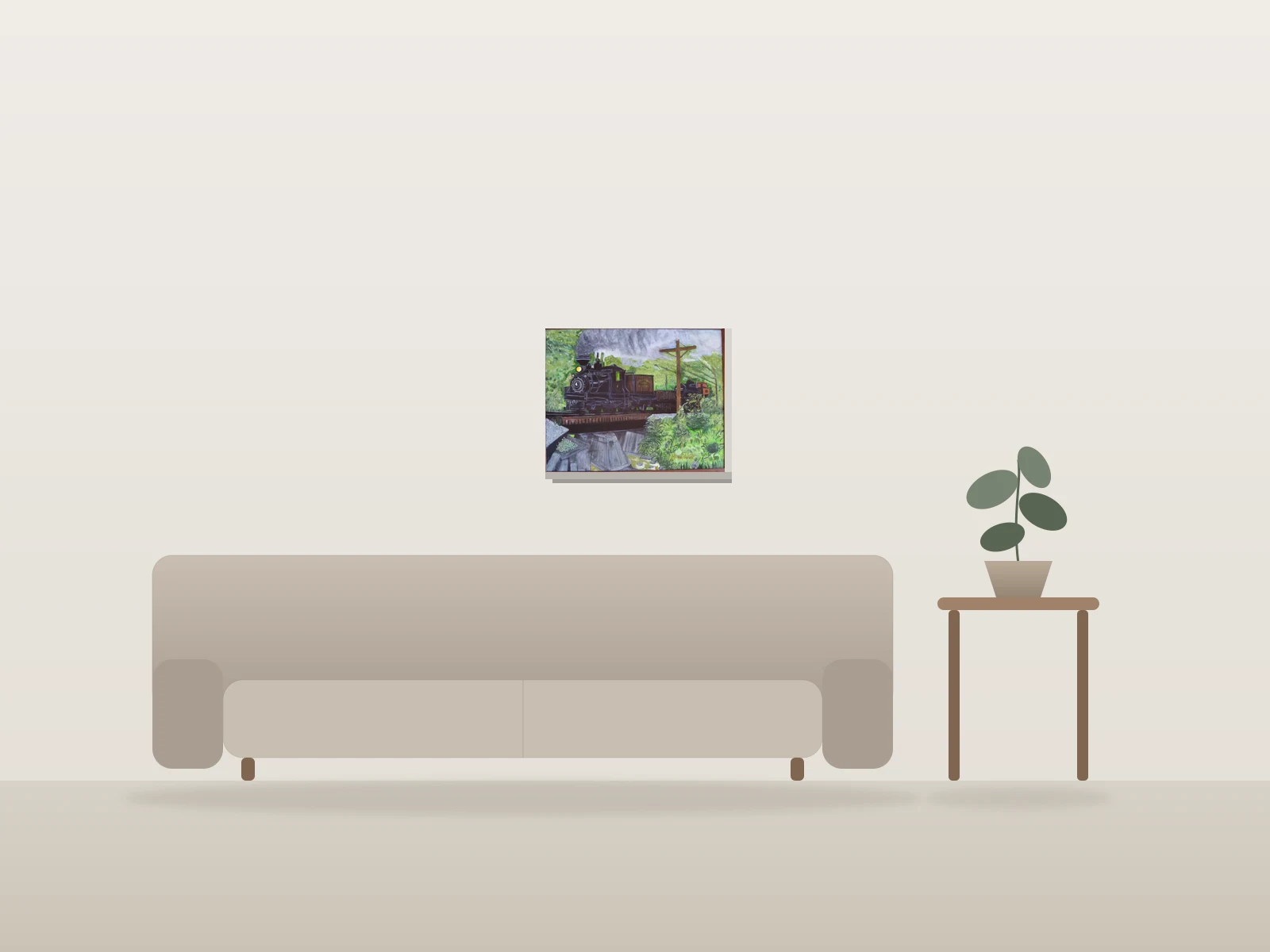 Train n°4 by Manon Pouliot artiste peintre shown to scale in a room
