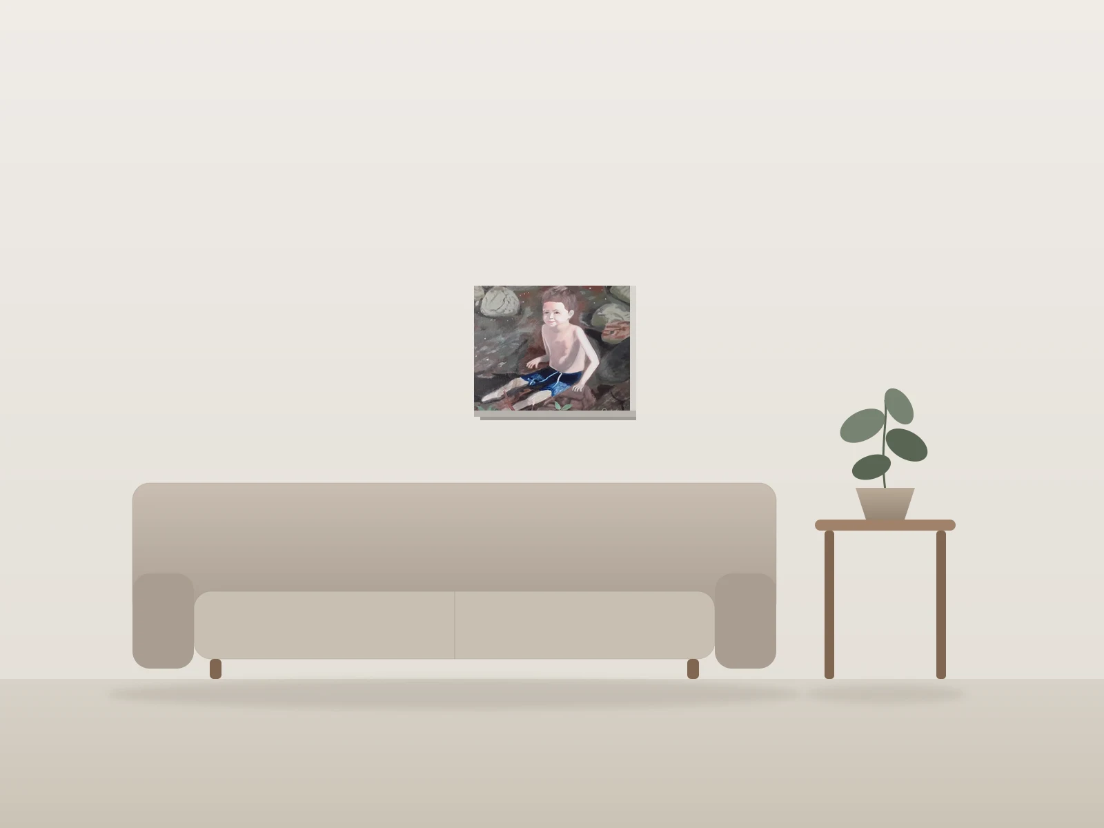 Thomas by Manon Pouliot artiste peintre shown to scale in a room