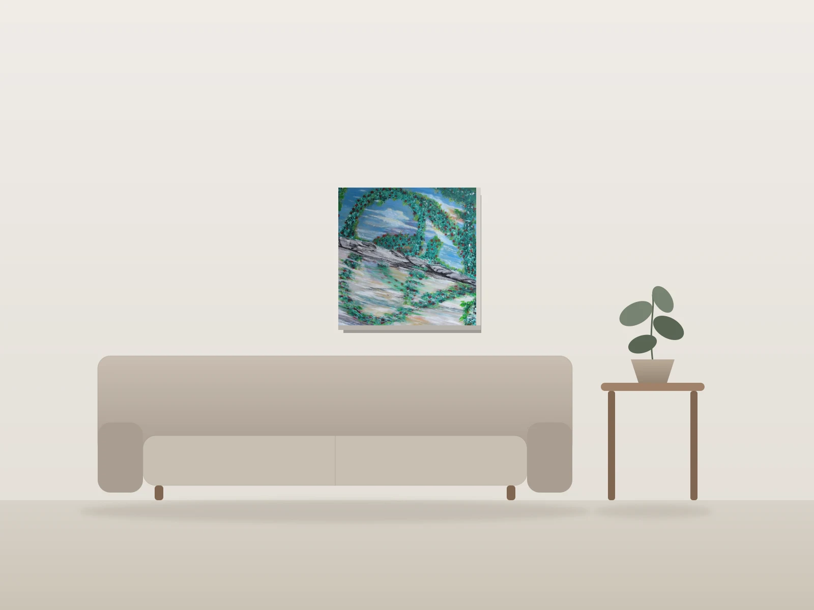 Impression by Manon Pouliot artiste peintre shown to scale in a room