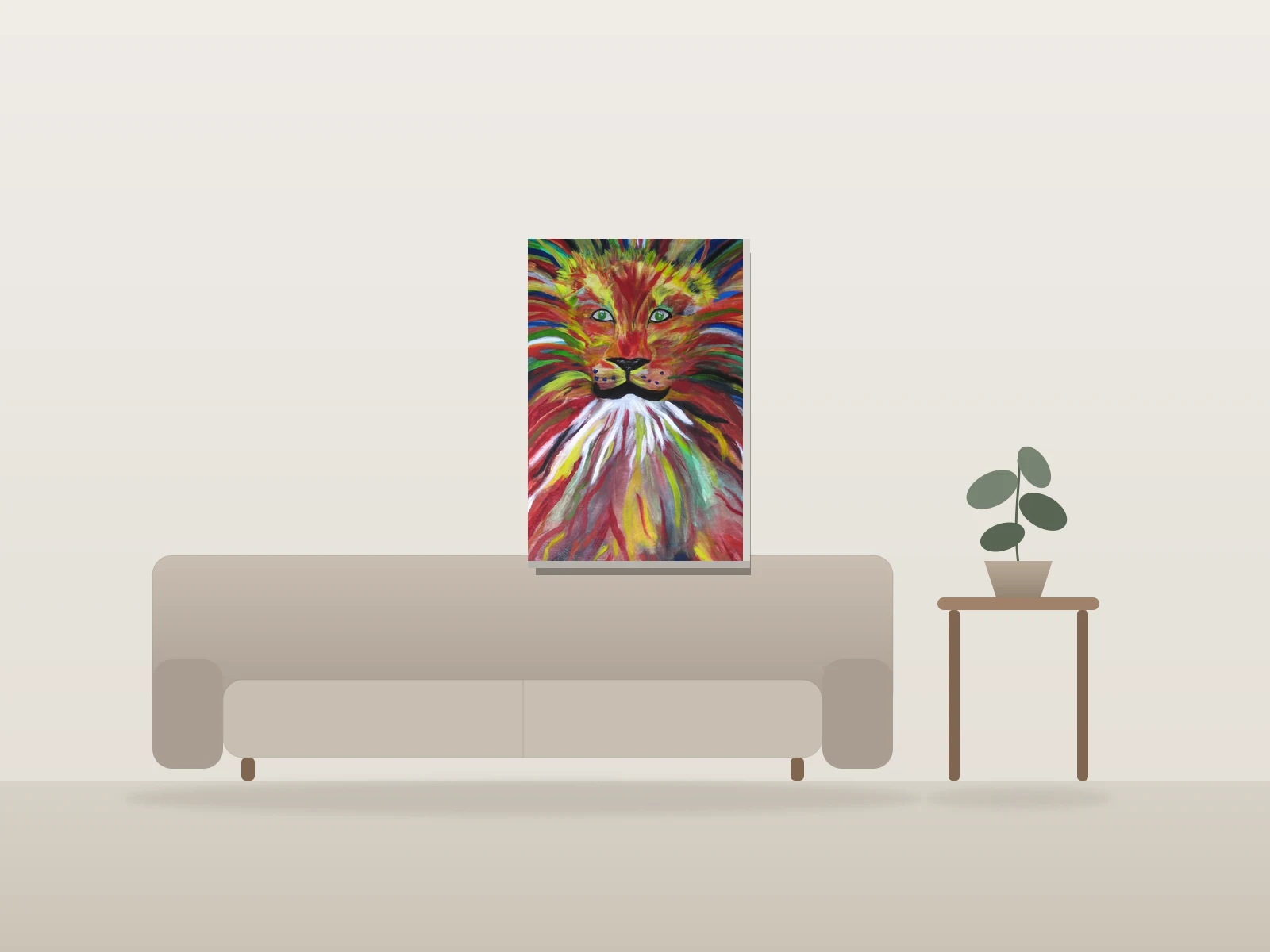 Lion magique by Manon Pouliot artiste peintre shown to scale in a room