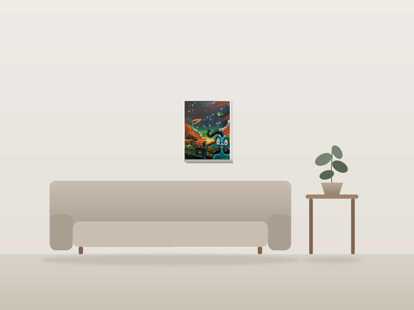 «Frère d'une autre planète» by Miss.de Chevigny shown to scale in a room