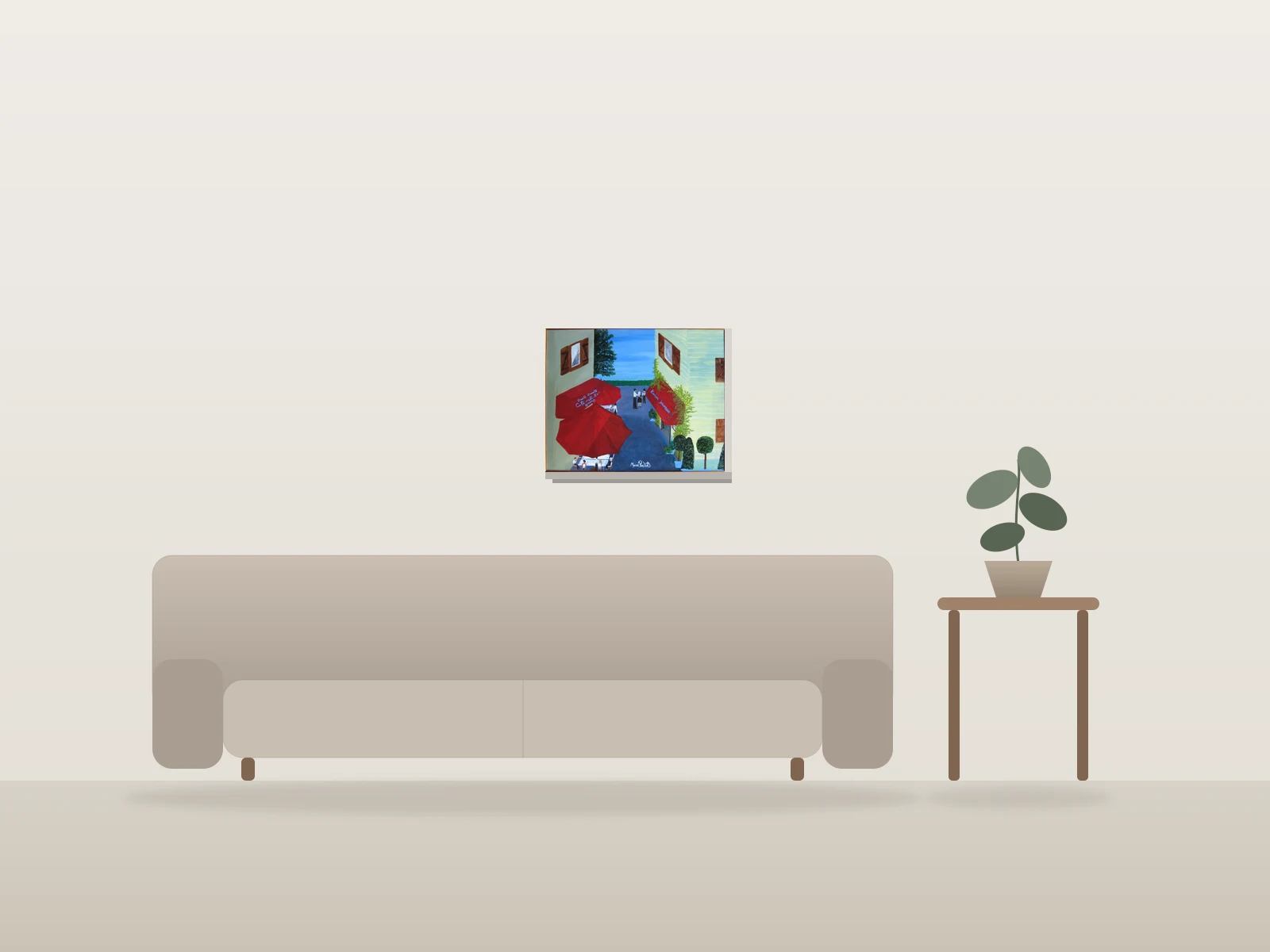 Rue du parasol by Manon Pouliot artiste peintre shown to scale in a room