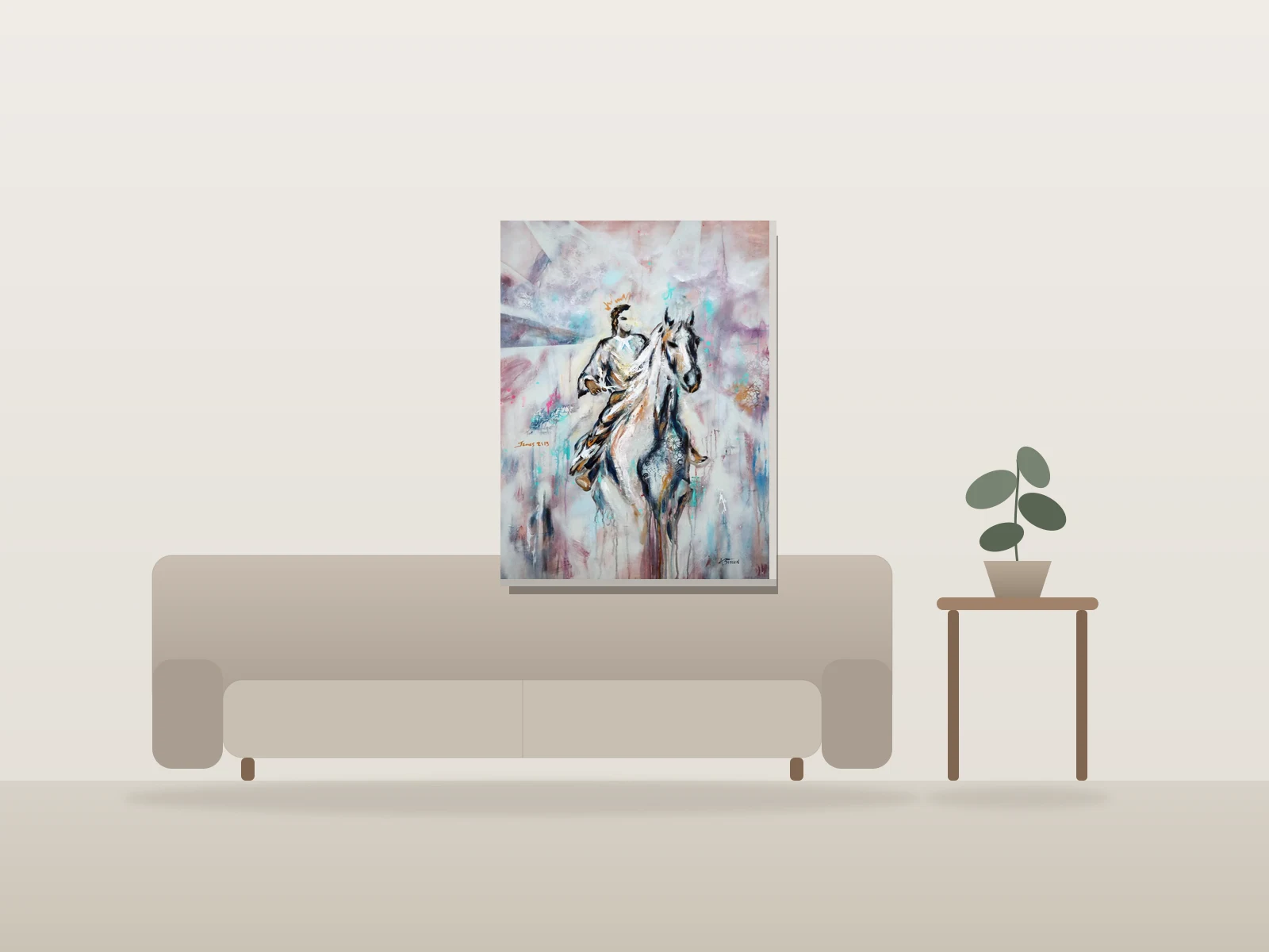 King of justice and mercy by Angela Bisson shown to scale in a room
