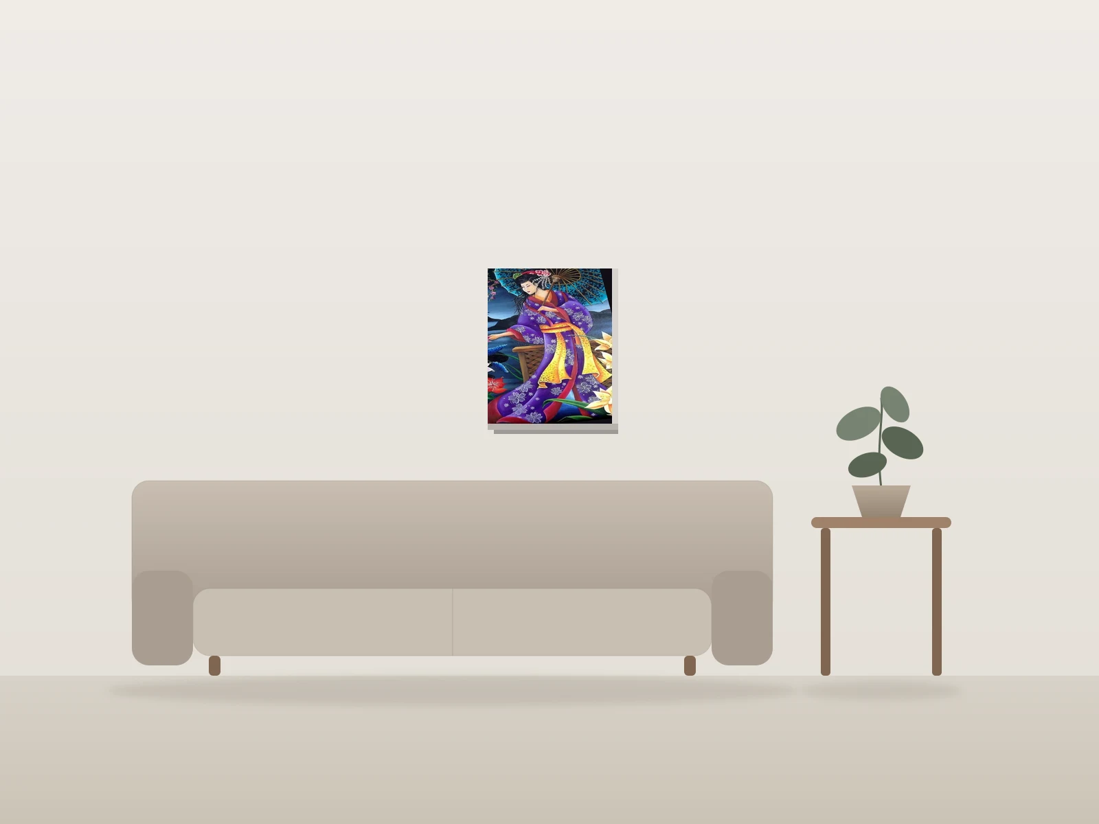 Fleur de Geisha par Mely présentée à l'échelle dans une pièce