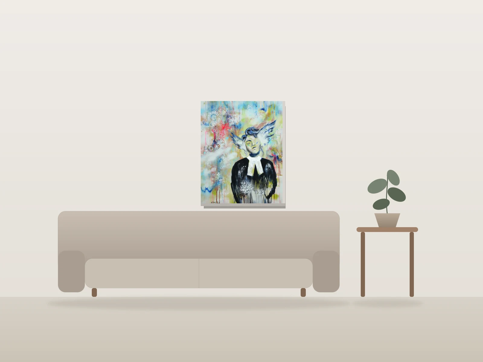 Wings of justice VIII by Angela Bisson shown to scale in a room