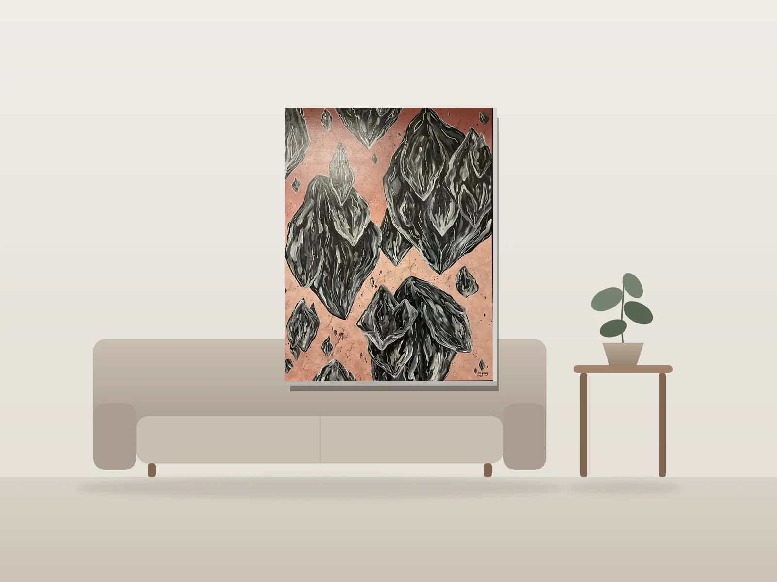 Rochers noirs flottants by Katie Paglialunga (ktpag) shown to scale in a room