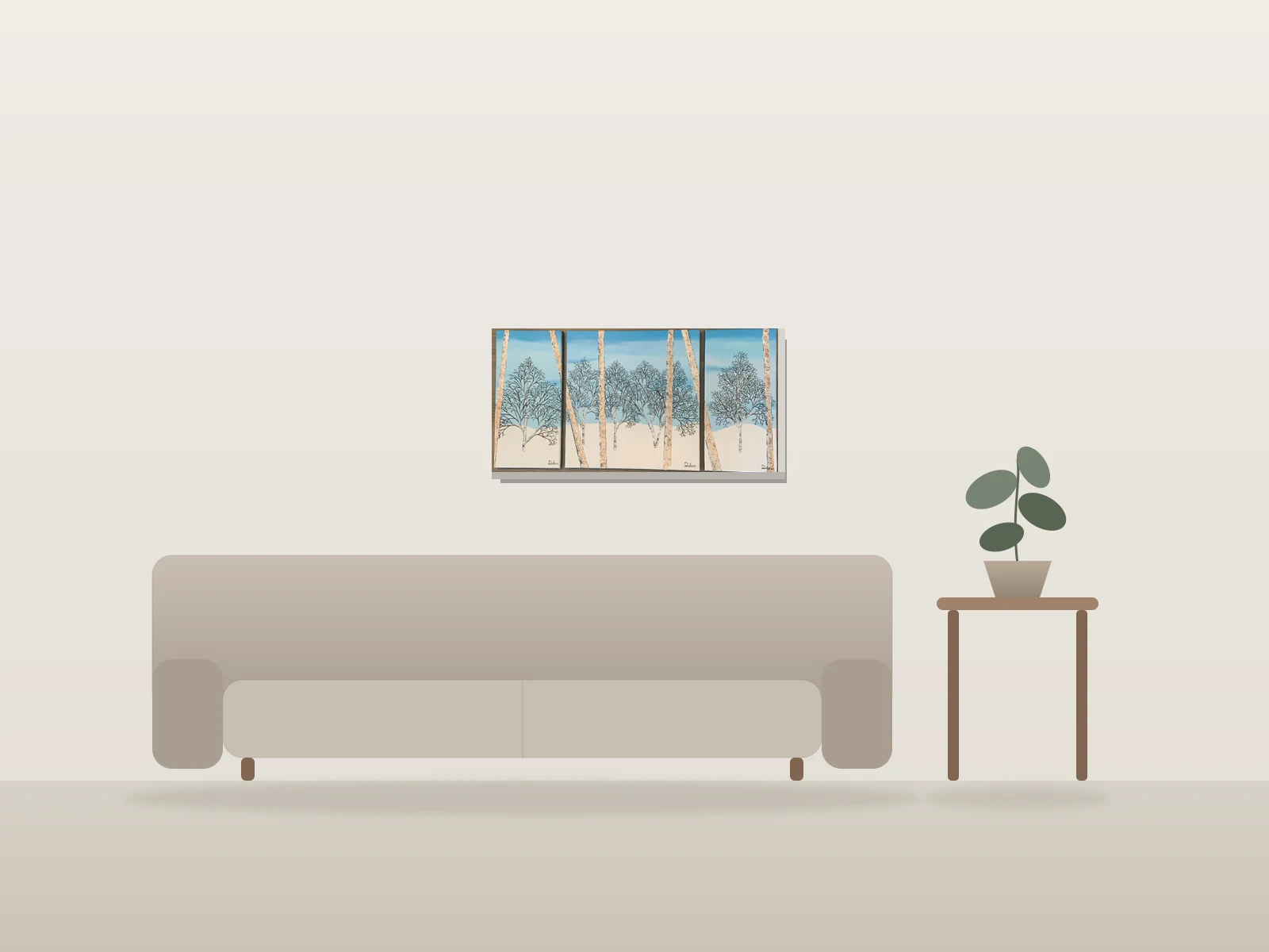 Triptique famille rouge-gorge by D Leclerc shown to scale in a room