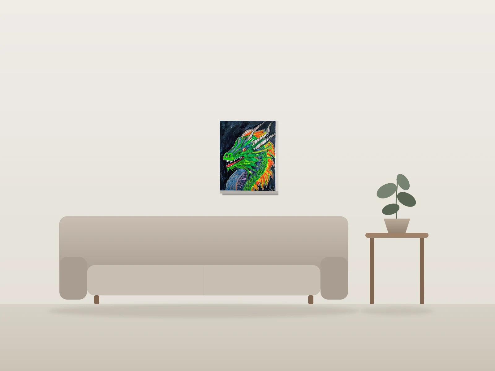 Dragon par Sophie présentée à l'échelle dans une pièce