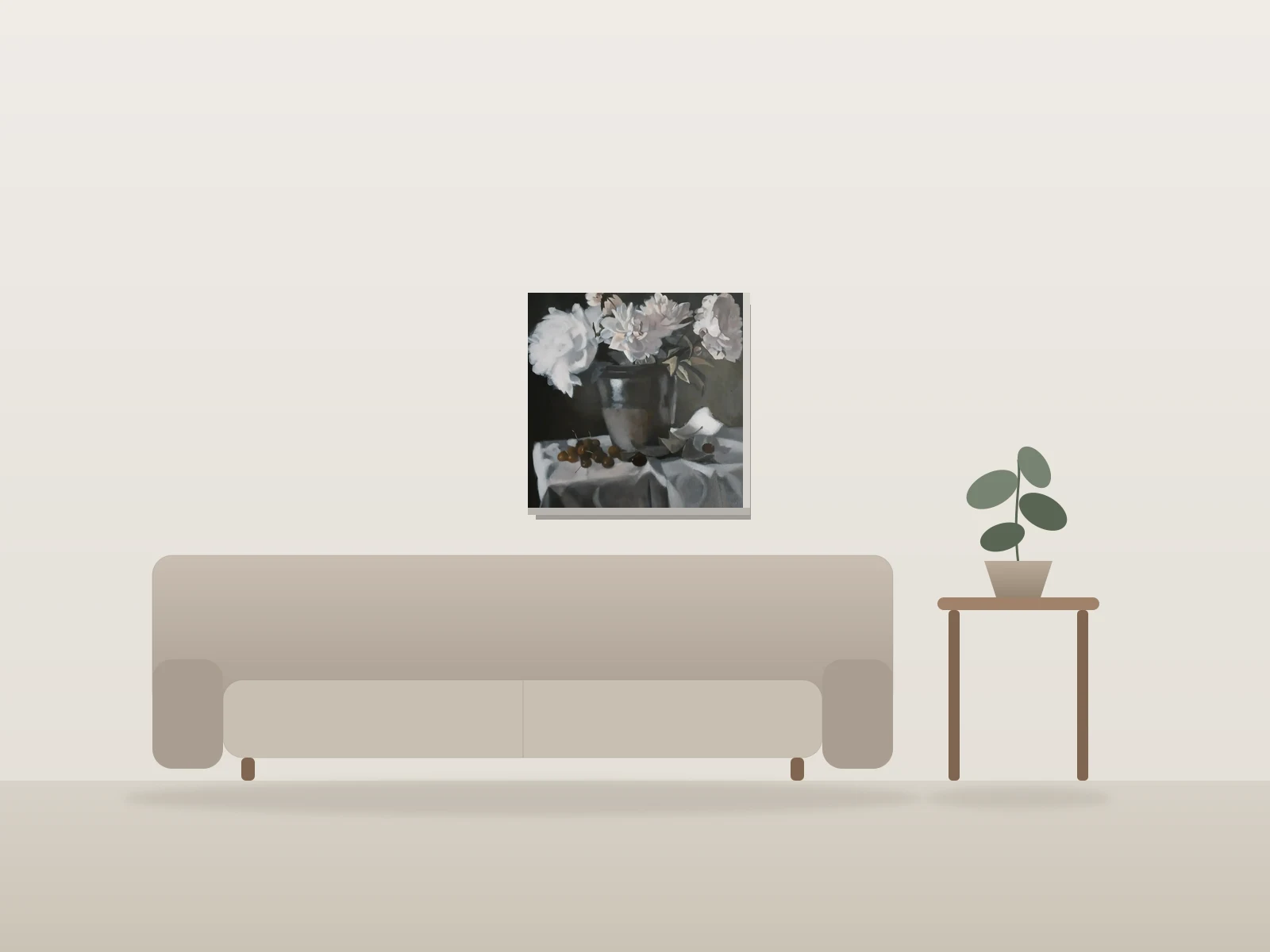 Fleurs blanches by Déryck shown to scale in a room