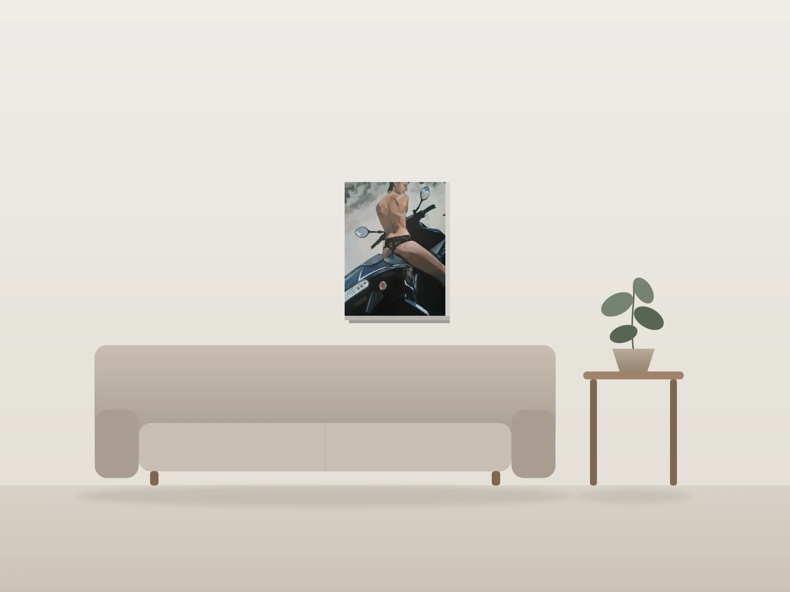 Femme sur moto bleu by Déryck shown to scale in a room