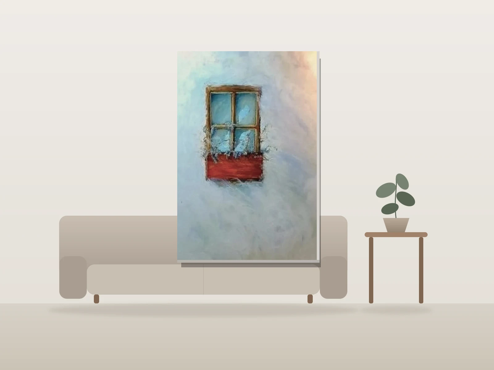 Fenêtre en fuite by Christine Gagnon shown to scale in a room