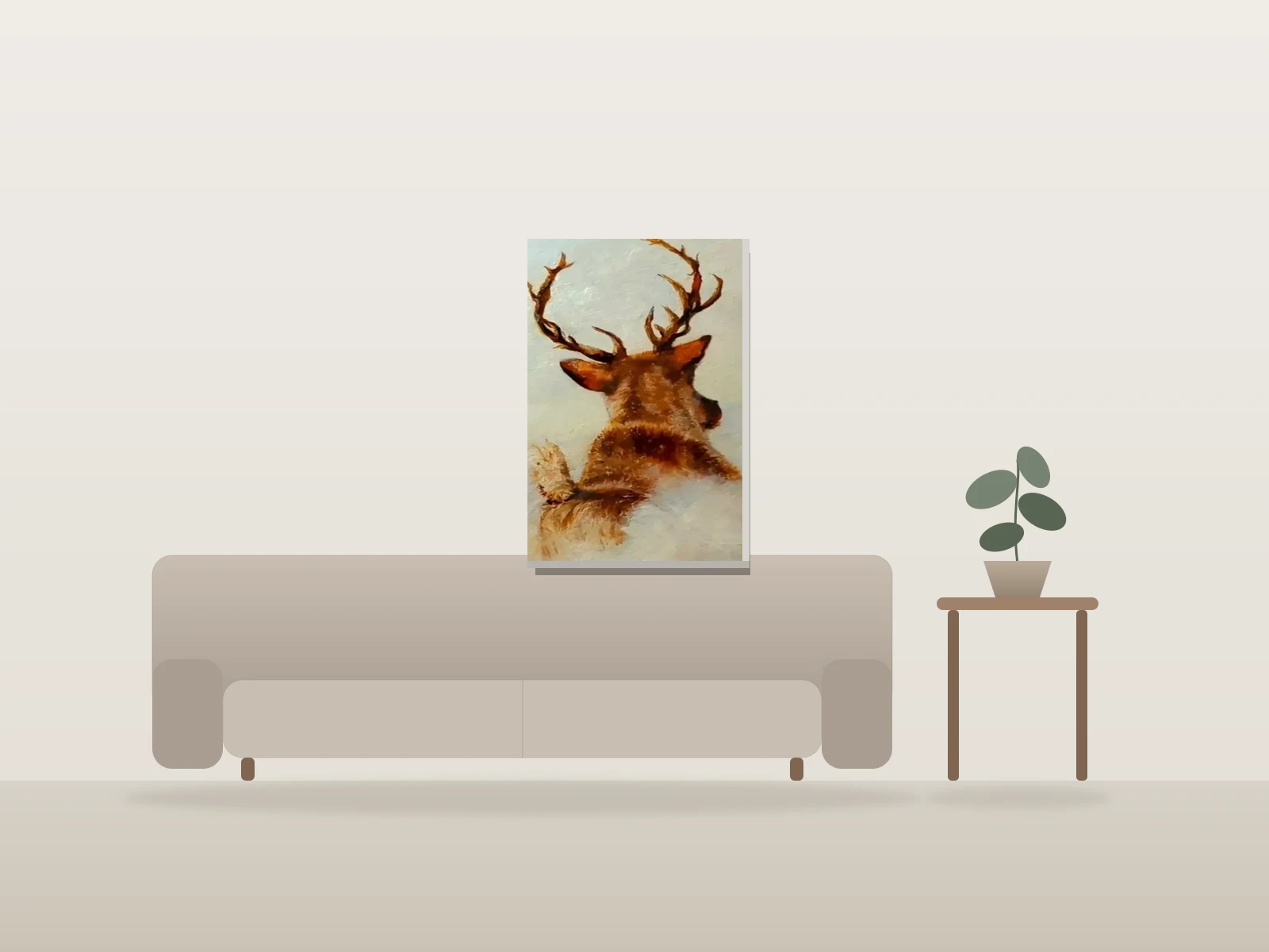 Caribou dans la neige by Christine Gagnon shown to scale in a room